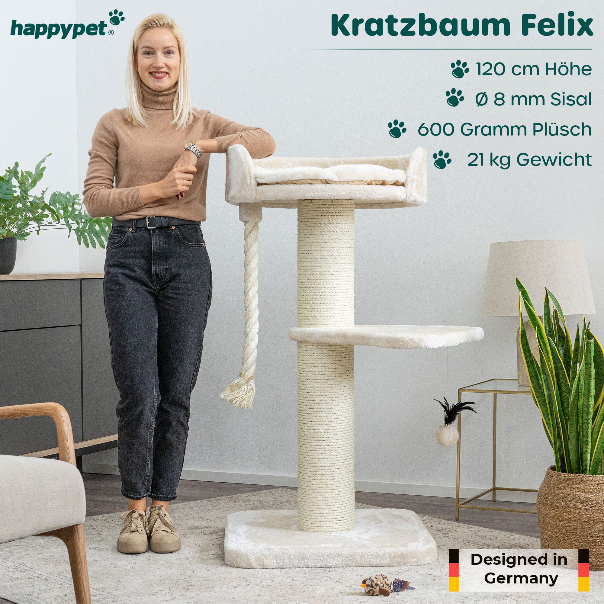 HAPPYPET Premium Kratzbaum Grosse Katzen Stabil 'Felix' - Katzenbaum, Kletterbaum, für Maine Coon, Natursisal, Dicke Stämme mit 18 cm, 120 cm Hoch