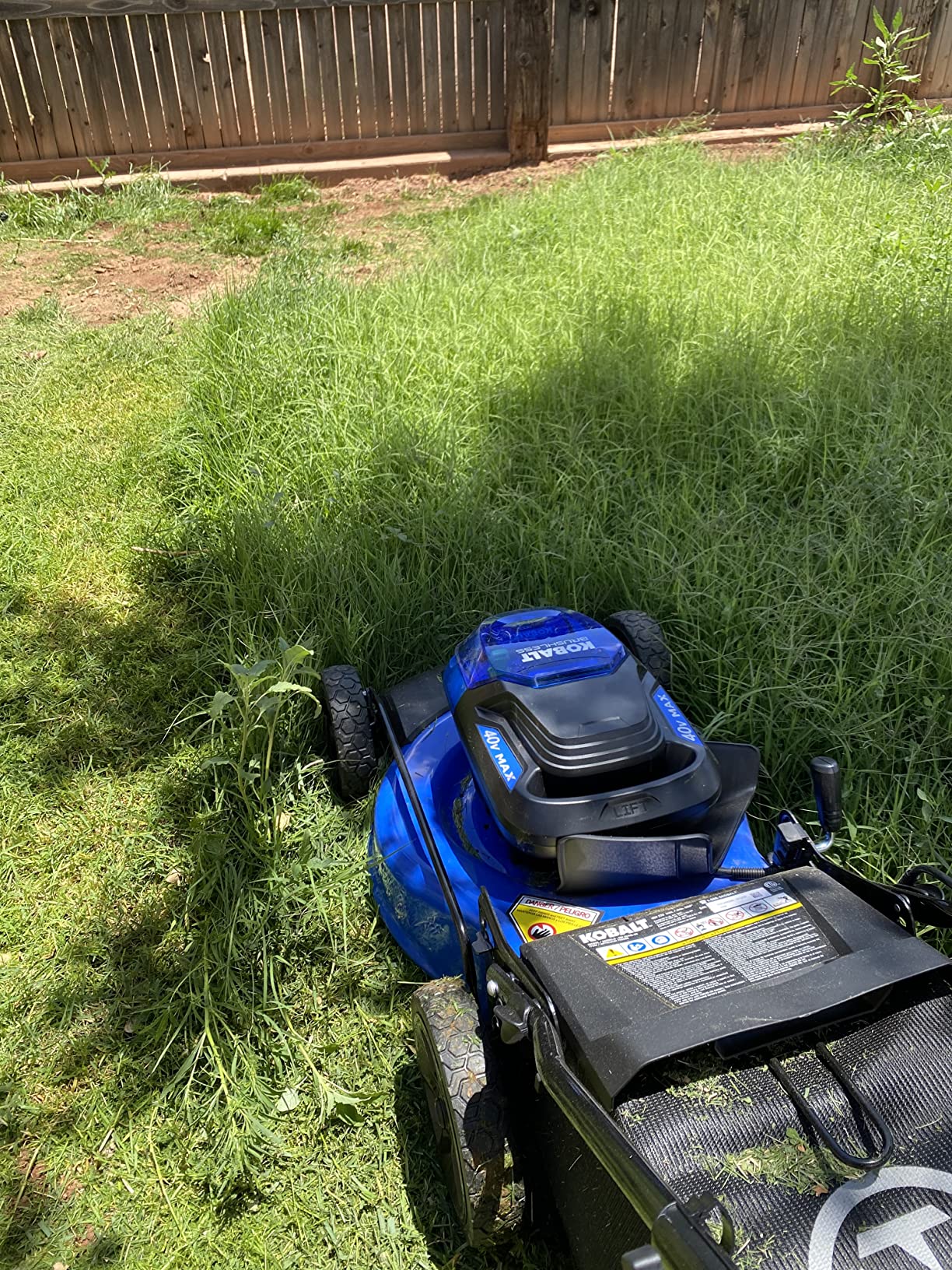 Electric lawn mower on freshly cut green grass