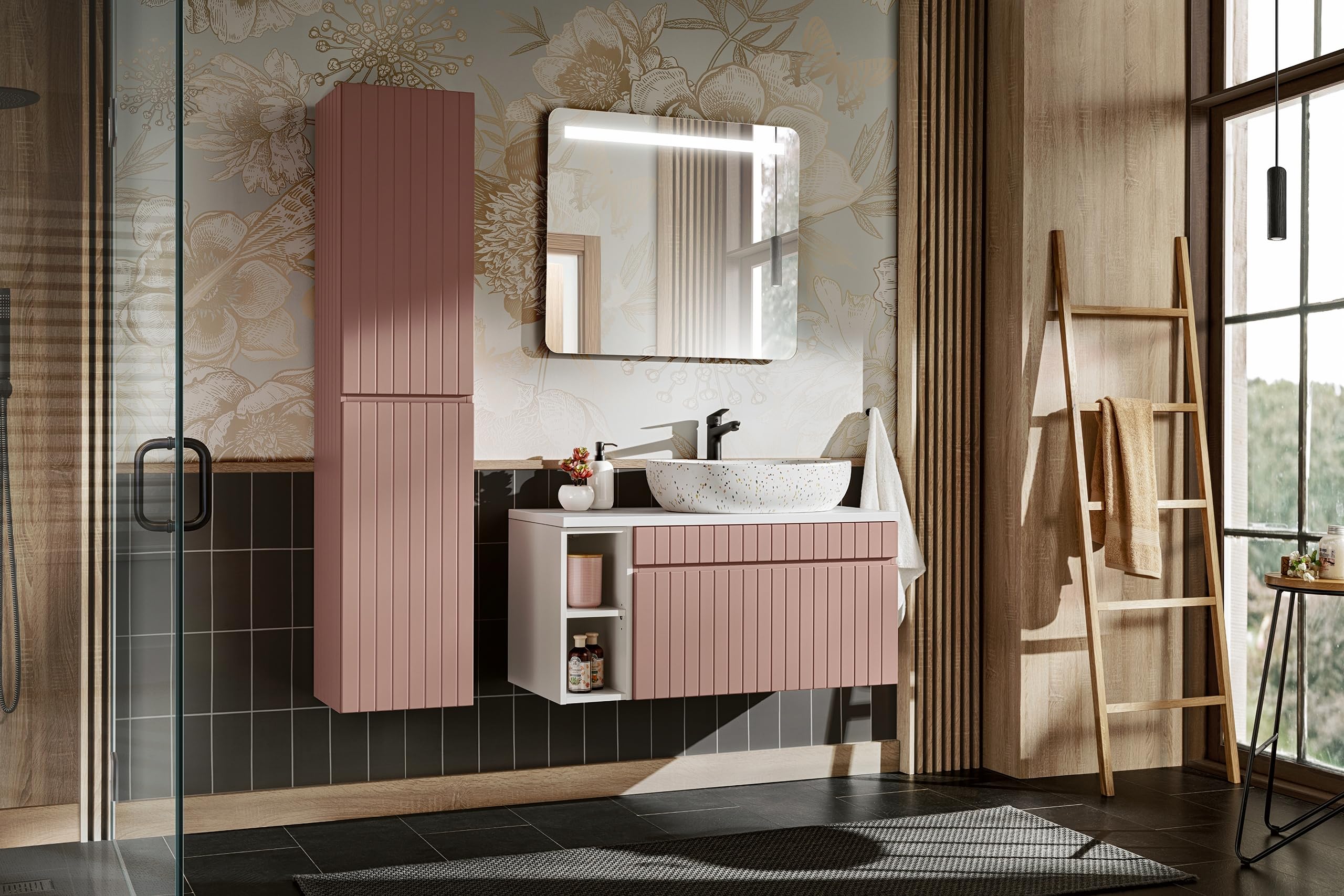 Armadietto da bagno a 6 ripiani laminato rosa 160 cm, mobile da bagno moderno