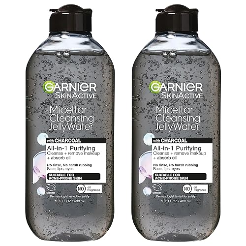 Garnier Skinactive Agua de gelatina limpiadora micelar con carbón purificador todo en uno, paquete de 2