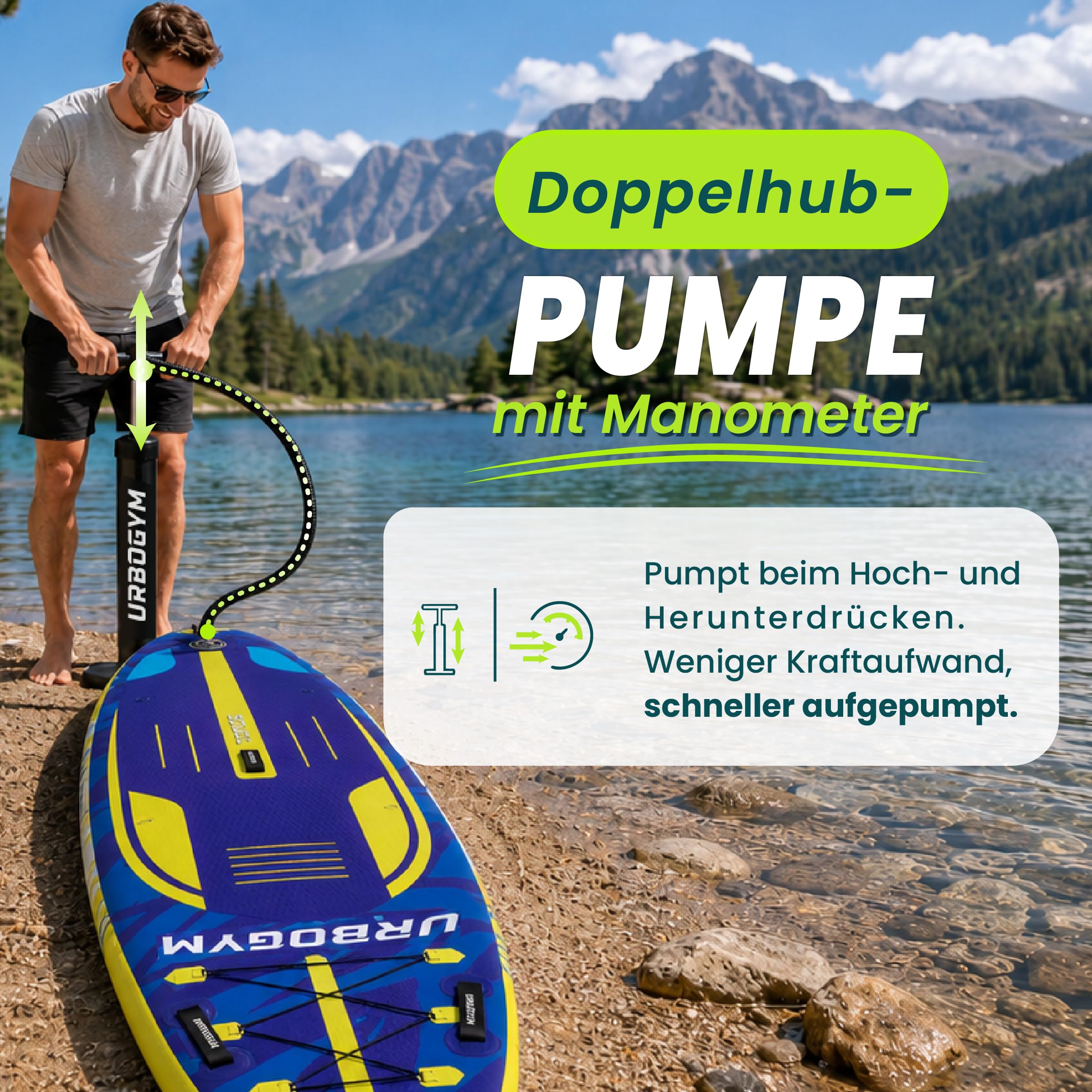 Squall 320 SUP Board 320×81×15cm bis 150kg – stabiles aufblasbares Stand Up Paddle Board Komplett-Set mit 2in1-Paddel, Doppelhubpumpe, Rucksack, Leash, 3 Finnen, Kick-Pad und Kamerahalterung