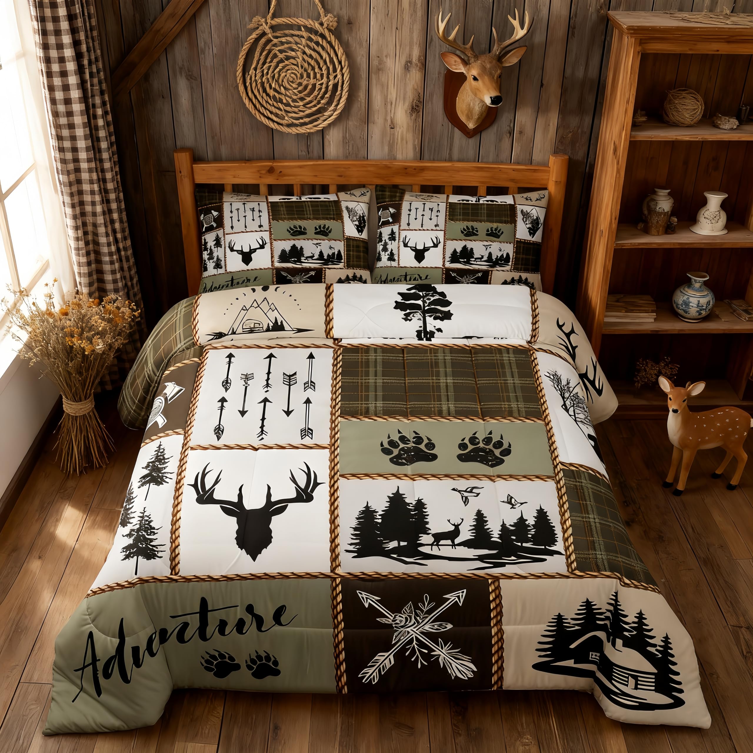 Rustic Farmhouse Kids Comforter Set Twin Size,Deer Antlers Bear Paws Plaids Patchwork Bedding Set for Boys Girls Adults Room Decor,Pine Trees Arrows
