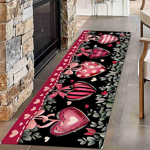 LHOMKCV Alfombra de pasillo larga para pasillo, 2 x 7 pies, diseño de corazón con lazo y hojas verdes, alfombra de pasillo de pelo bajo, fácil de