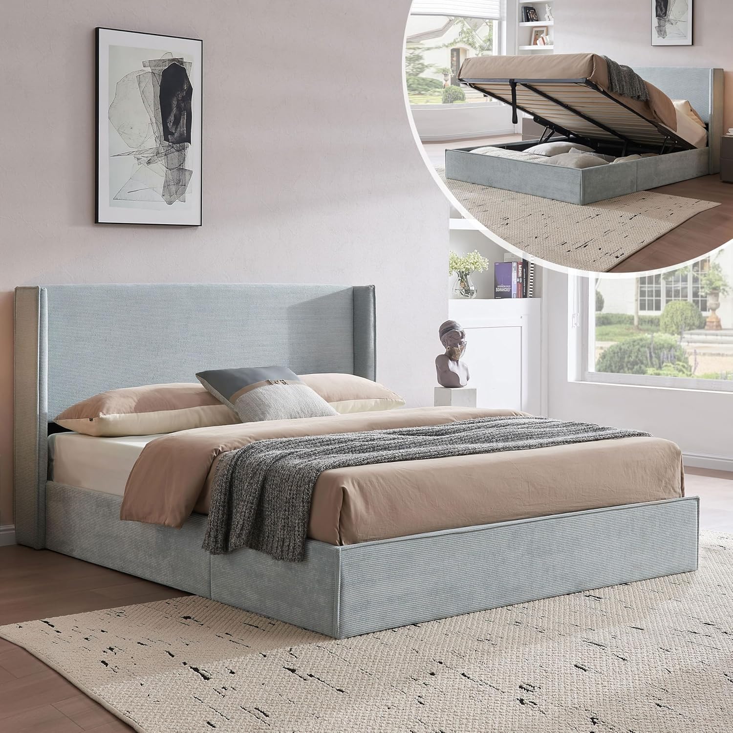 Queen Lift Up Storage Bed, Bed Frame with Storage, Corduroy
