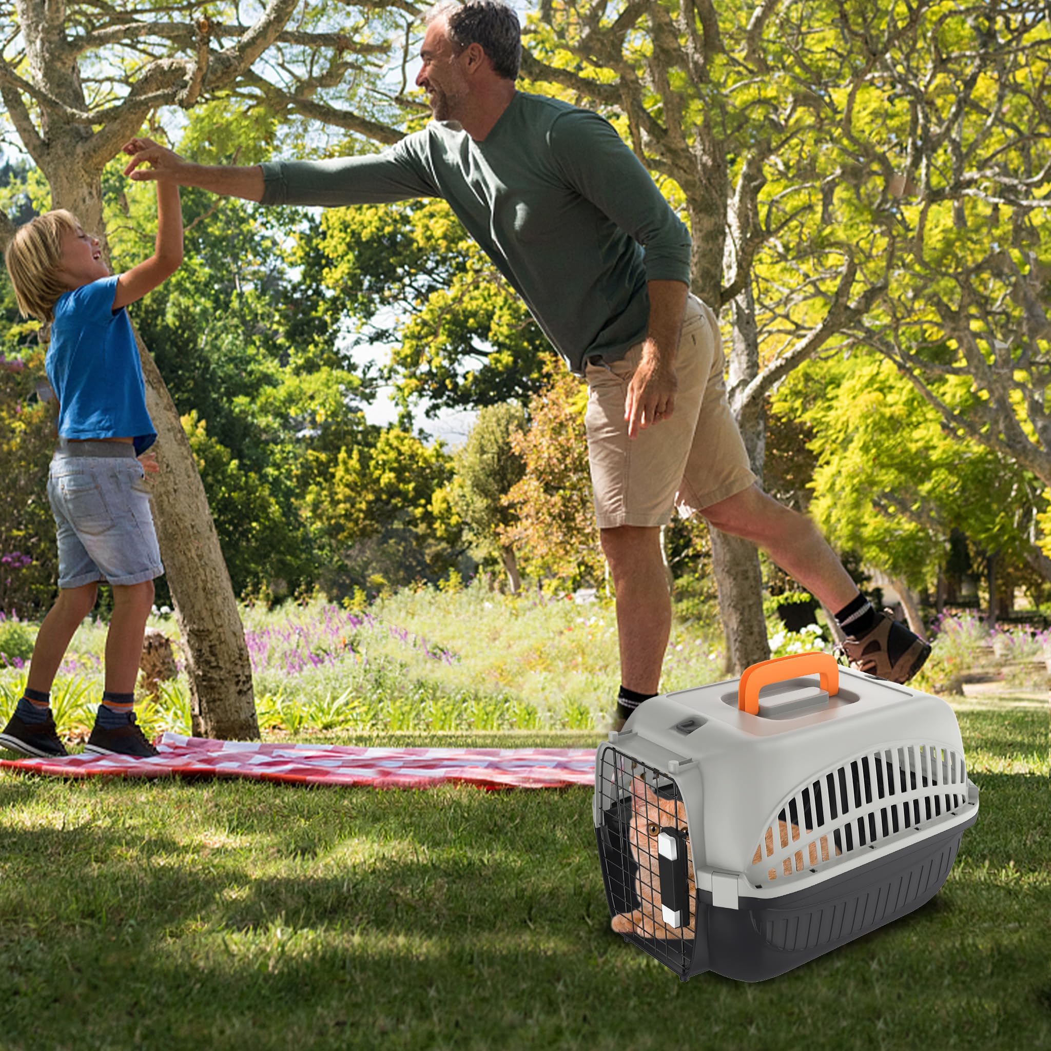 UISEBRT Katzentransportbox, Transportbox Katze mit Metalltür Vorne Tiertransportbox,Transportbox Hund für Kleine Haustiere/Katzen/Hunde/Kaninchen bis 10 kg, Grau+Schwarz