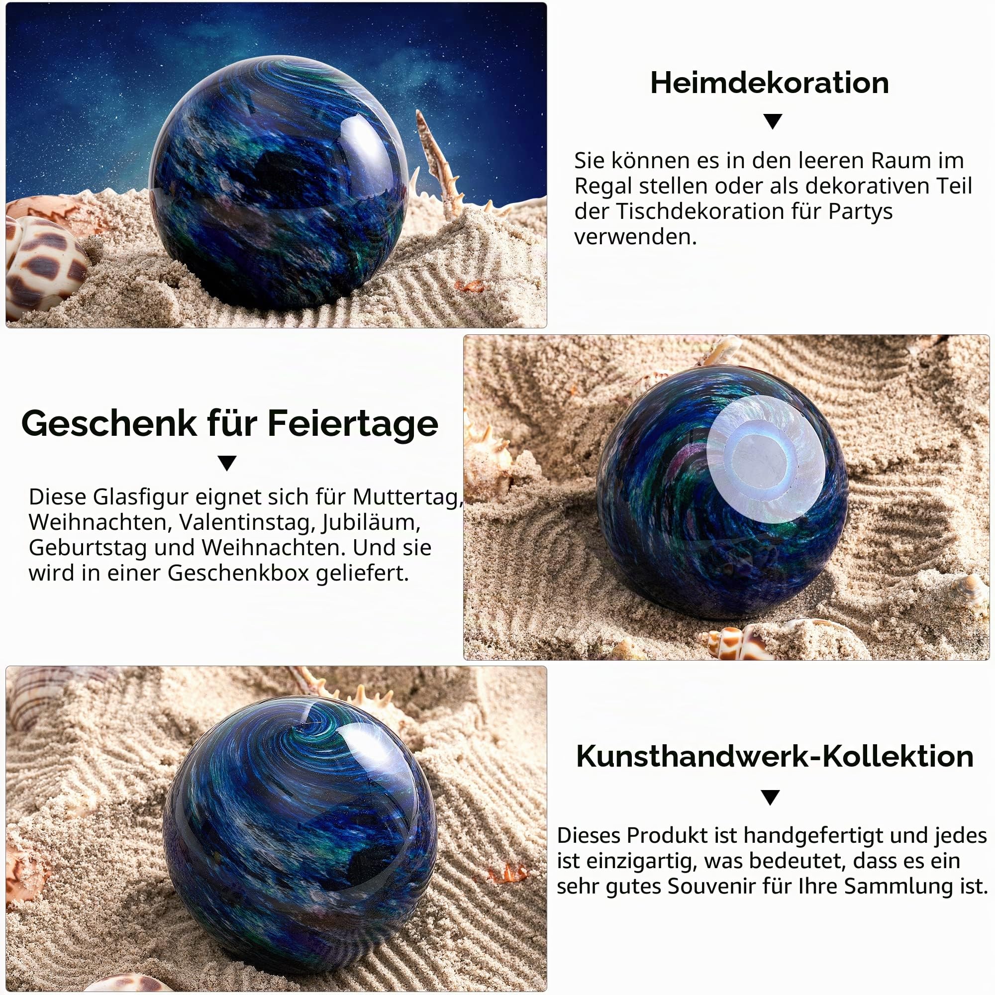 EUSTUMA Handgeblasene Glasfiguren, Kugelplanet, Briefbeschwerer, Glaskugel, Heimdekoration, Sammlerstück, Raummuseum, Bürodekoration, Weltraumliebhaber