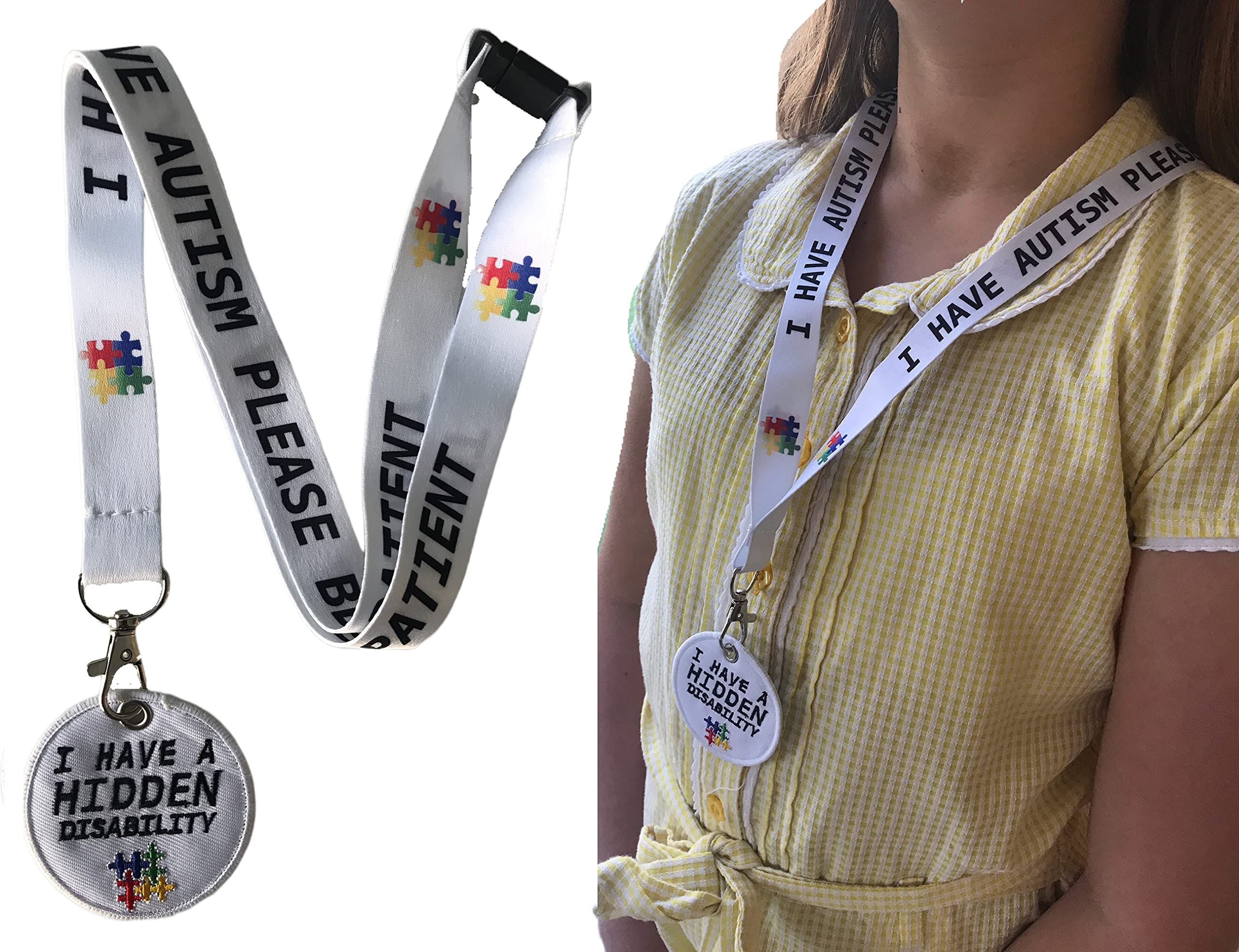 20mm White" I Have a Hidden Disability" Neck Lanyard & White Matching Round Stitched Badge (Adult Size)