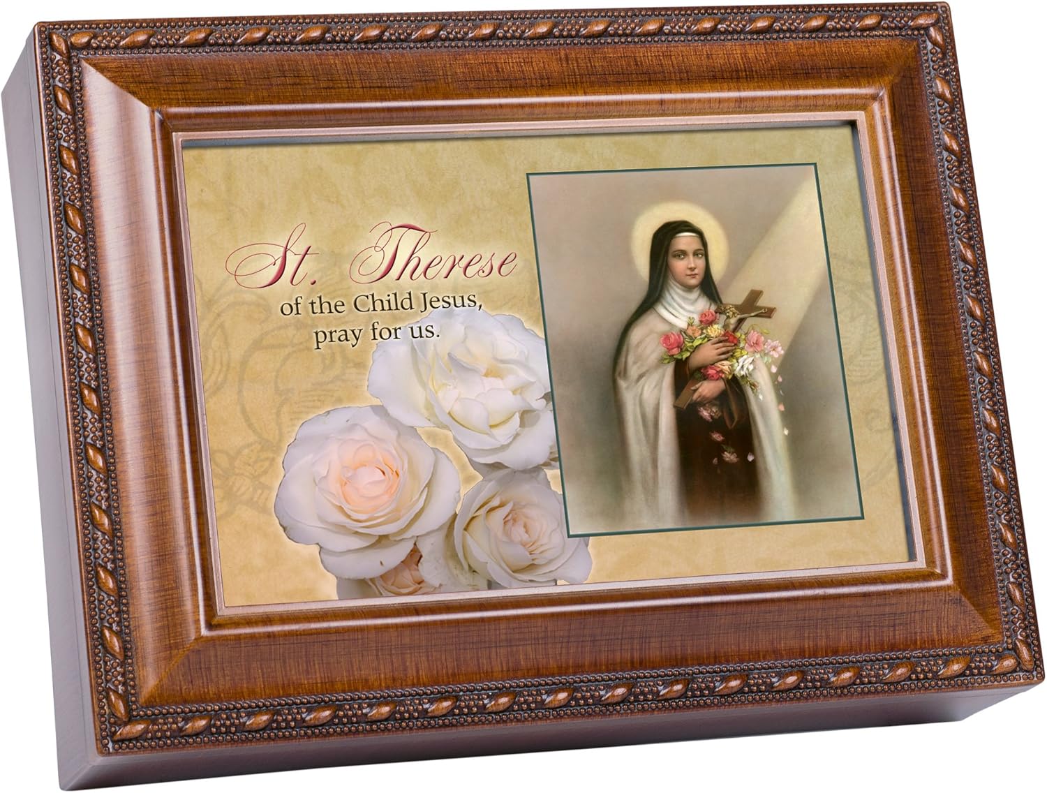 St. Therese Pray for Us Wood Finish Jewelry Music Box Plays Ave Maria