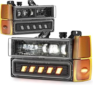 LED Headlights OEM Replacement Compatible with 1994-1999 Chevy Suburban C/K 1500 2500 3500 Tahoe Silverado C10, OBS Composite Headlights with Hi/Low Beam Turn Signal Bumper Corner Light Black Pair