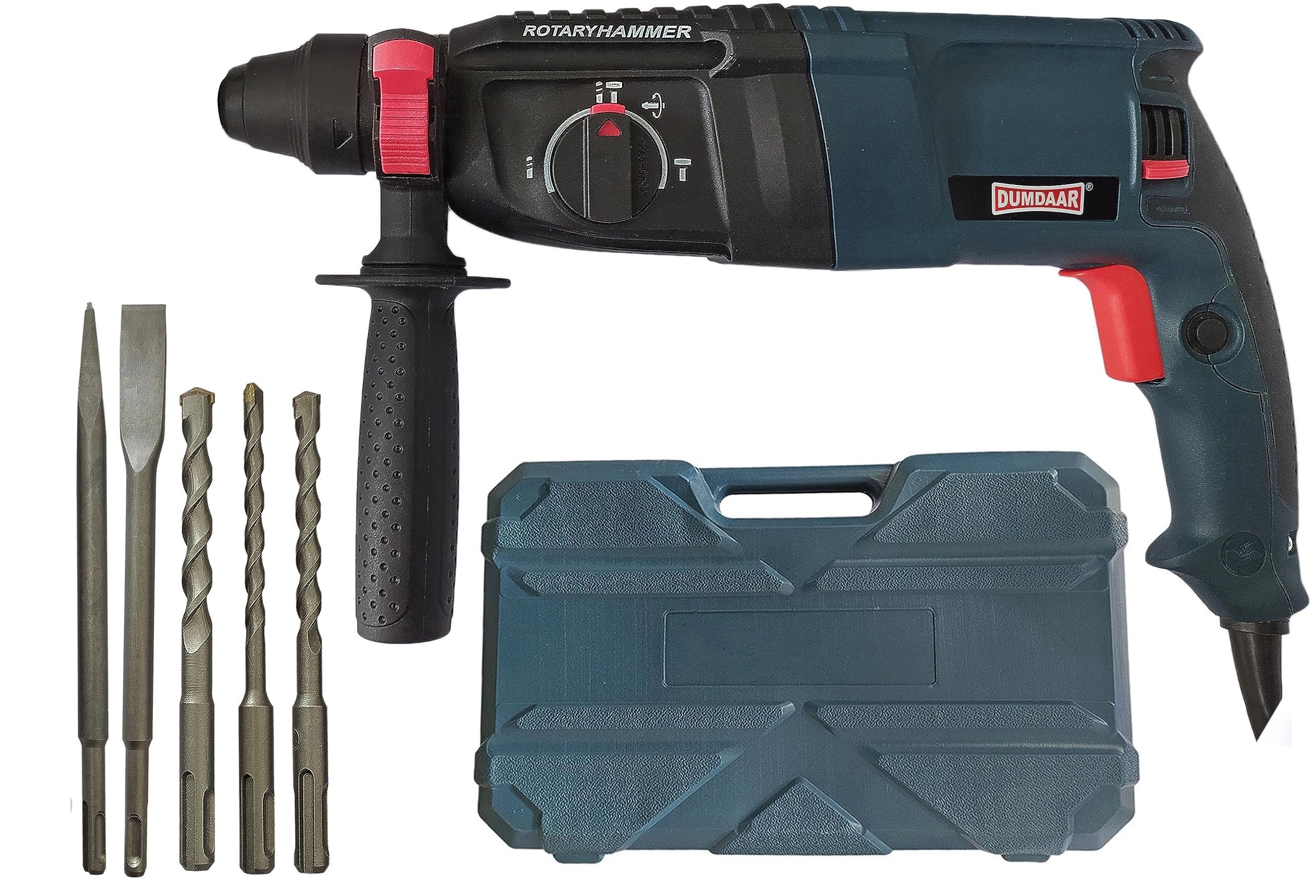 DUMDAAR DM26 1250W 26mm hammer drill with SDS drill bits and chisels (BLUE) 100% Copper Winding