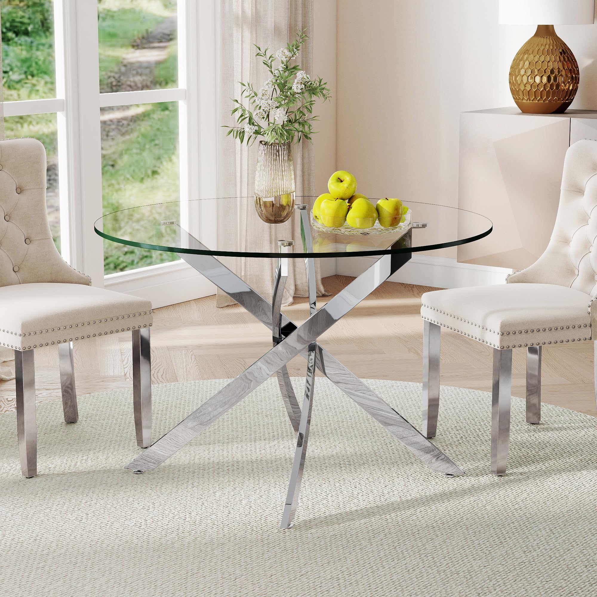 KATBOC 36 inch Round Tempered Glass Dining Table Silver