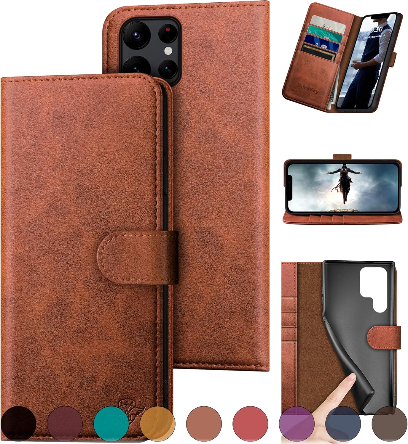 DuckSky for Samsung Galaxy S22 Ultra Genuine Leather Wallet case 【RFID Blocking】【4 Credit Card Holder】【Real Leather】 Flip Phone case Protective Cover Women Men for S22Ultra case Light Brown
