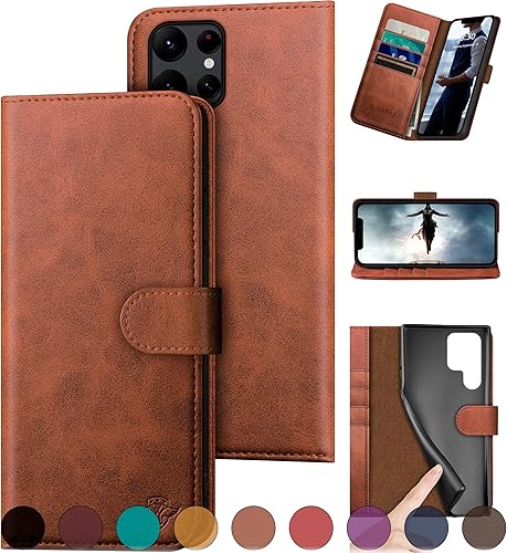 Miniatura 8 de Funda tipo cartera de cuero genuino para Samsung Galaxy S22 Ultra con bloqueo RFID, 4 tarjeteros de crédito. Cuero auténtico. Funda protectora para