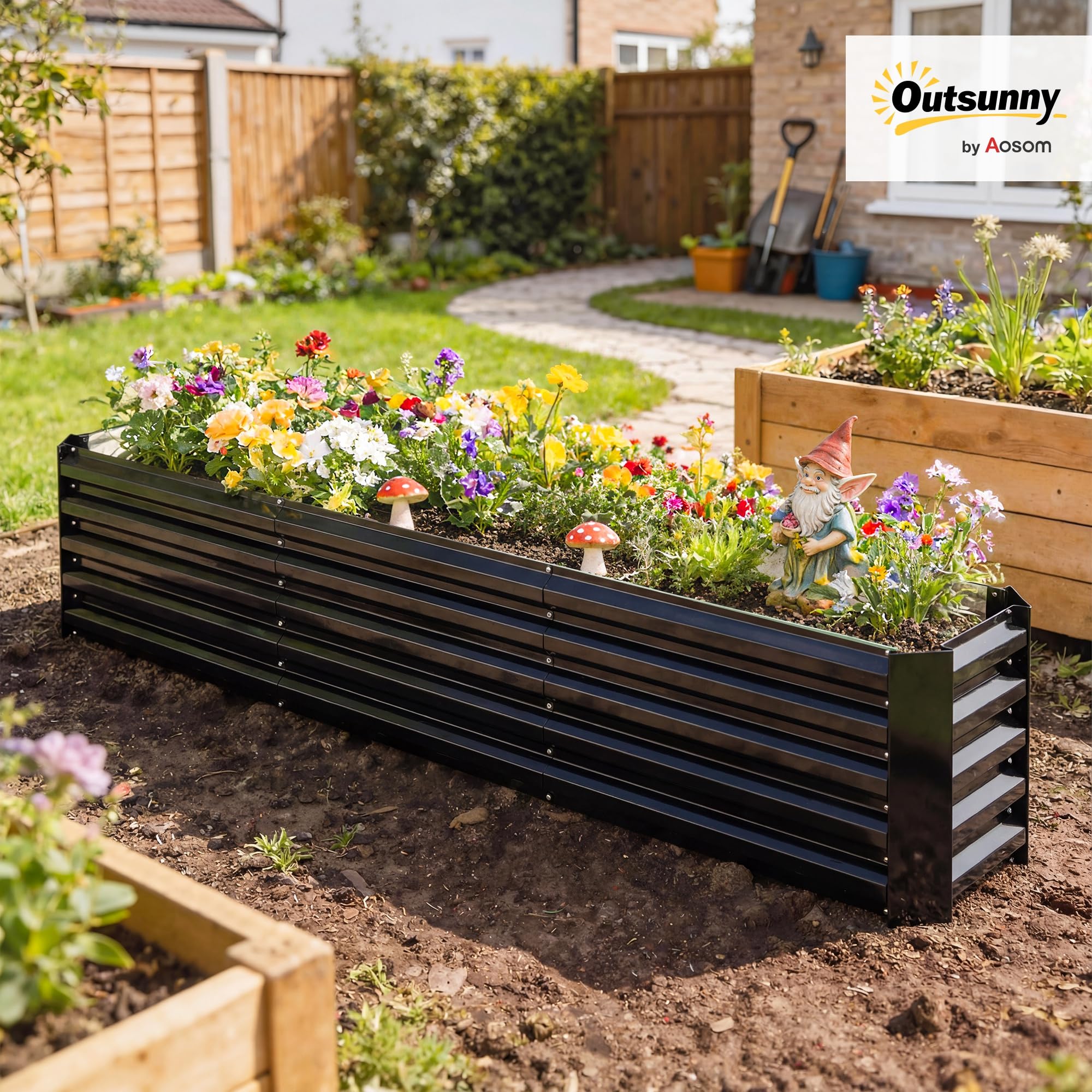 Outsunny Galvanized Raised Garden Bed, 8 x 1.3 x 1.5ft Rectangular Planter Box, Reinforced Outdoor Raised Bed with Open Bottom for Vegetables, Flowers, Herbs, Black - 2
