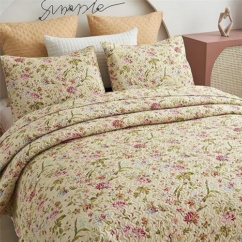 Miniatura 3 de MERRY HOME - Juegos de colcha de 3 piezas con 2 fundas de almohada, ropa de cama bohemia, reversible, suave y ligera (beige floral, Queen)