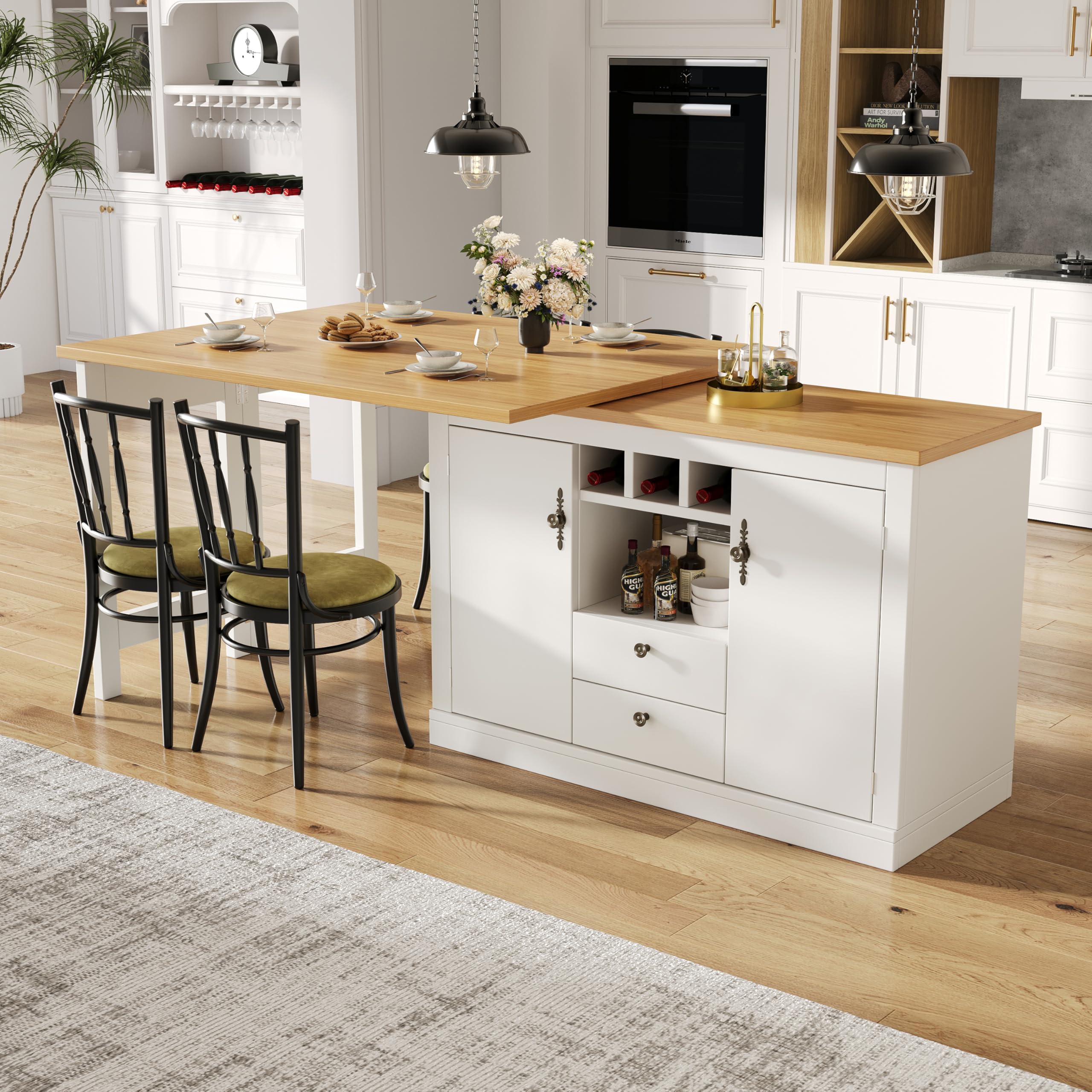 Sapgaks Table de Bar Extensible avec Rangement et Rotation à 360°, Table à Manger Longueur Réglable de 120 à 180 cm, Desserte Îlot de Cuisine Buffet pour Salon Salle à Manger Bureau à Domicile, Blanc