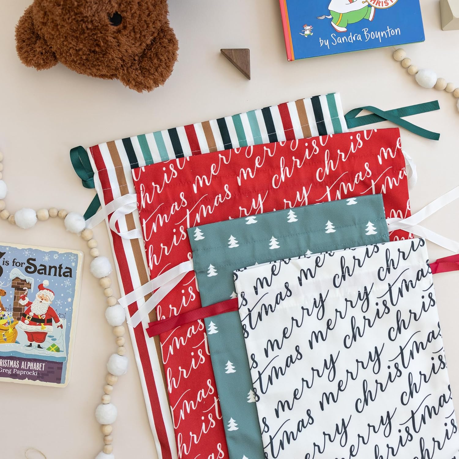 Gather & Knot Drawstring Christmas Gift Bags | 20" Large 16" Medium | Modern Farmhouse | Premium Canvas | Reusable Fabric Wrap for Holidays | Mix & Match Set - Image 5