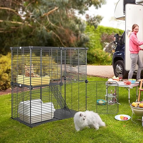 Miniatura 7 de YITAHOME Jaula para gatos de 2 niveles para interiores, jaula para gatos al aire libre, para animales pequeños, corralito para mascotas, perrera de