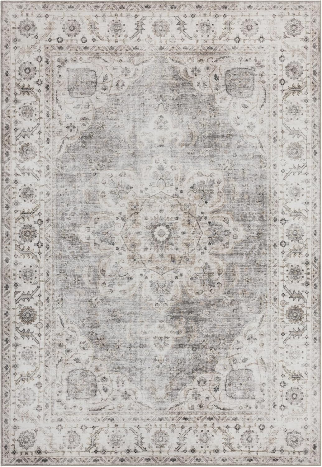 ReaLife Rugs Machine Washable Area Rug - Stain Resistant,Non-Shed - Eco-Friendly,Non-Slip, Family & Pet Friendly - Made from Premium Recycled Fiber - Vintage Bohemian Medallion - Beige Ivory, 3' x 5'