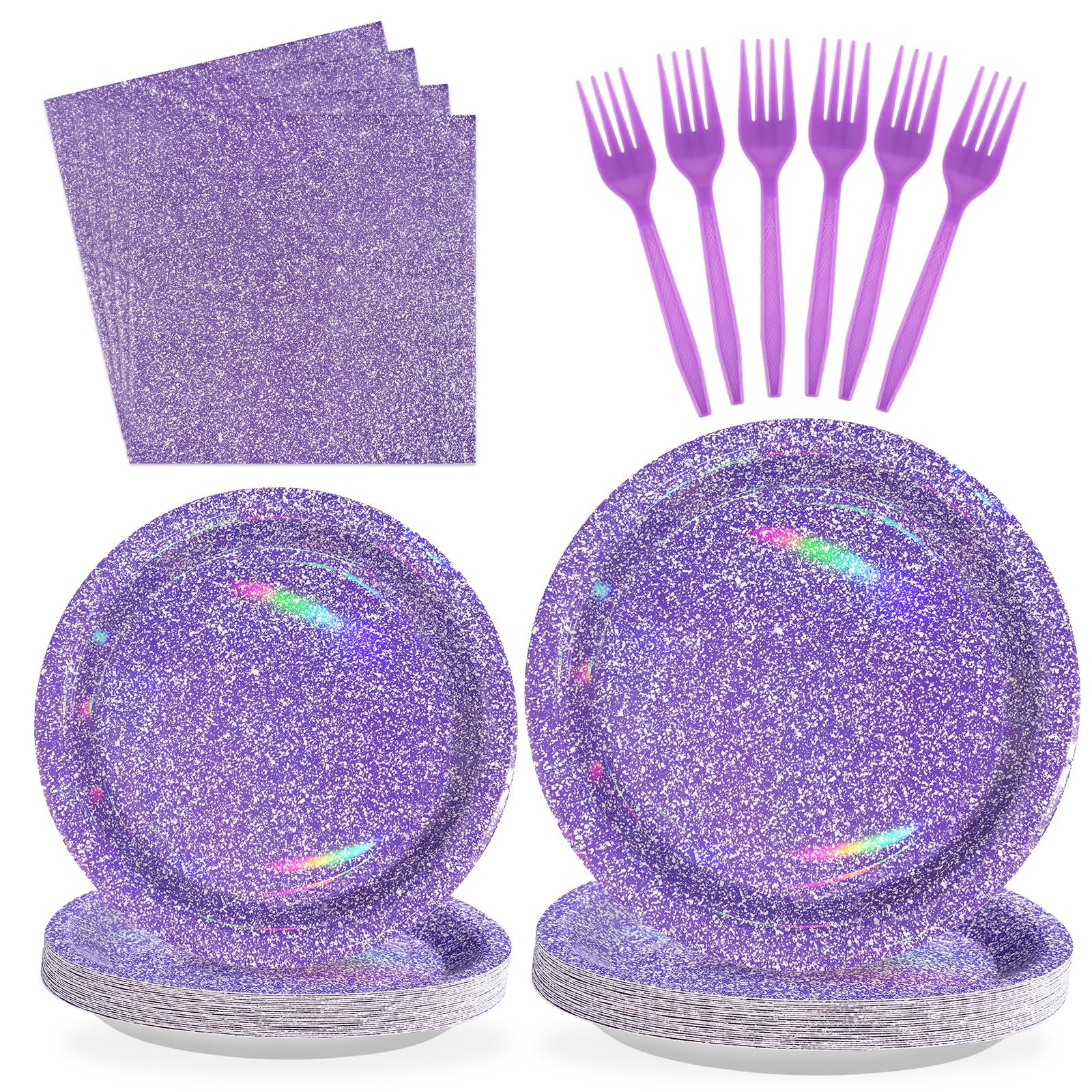 Grencian 96Pcs Purple Party Supplies Holographic Rainbow Purple Plates and Napkins Sets Iridescent purple Birthday Decorations for Girls Women