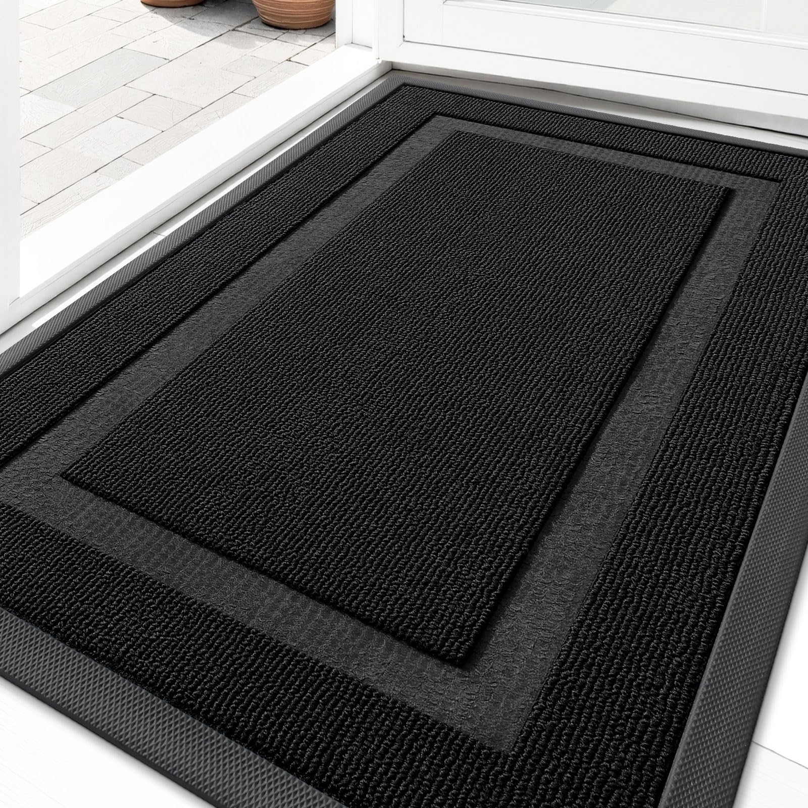OLANLY Front Door Mat Outside 29.5x17, All-Season Heavy-Duty Rubber Doormat | Jet Black, Absorbent, Stain Fade Resistant, Waterproof Non-Slip Backing, Low-Profile Indoor Outdoor Floor Mat for Entryway