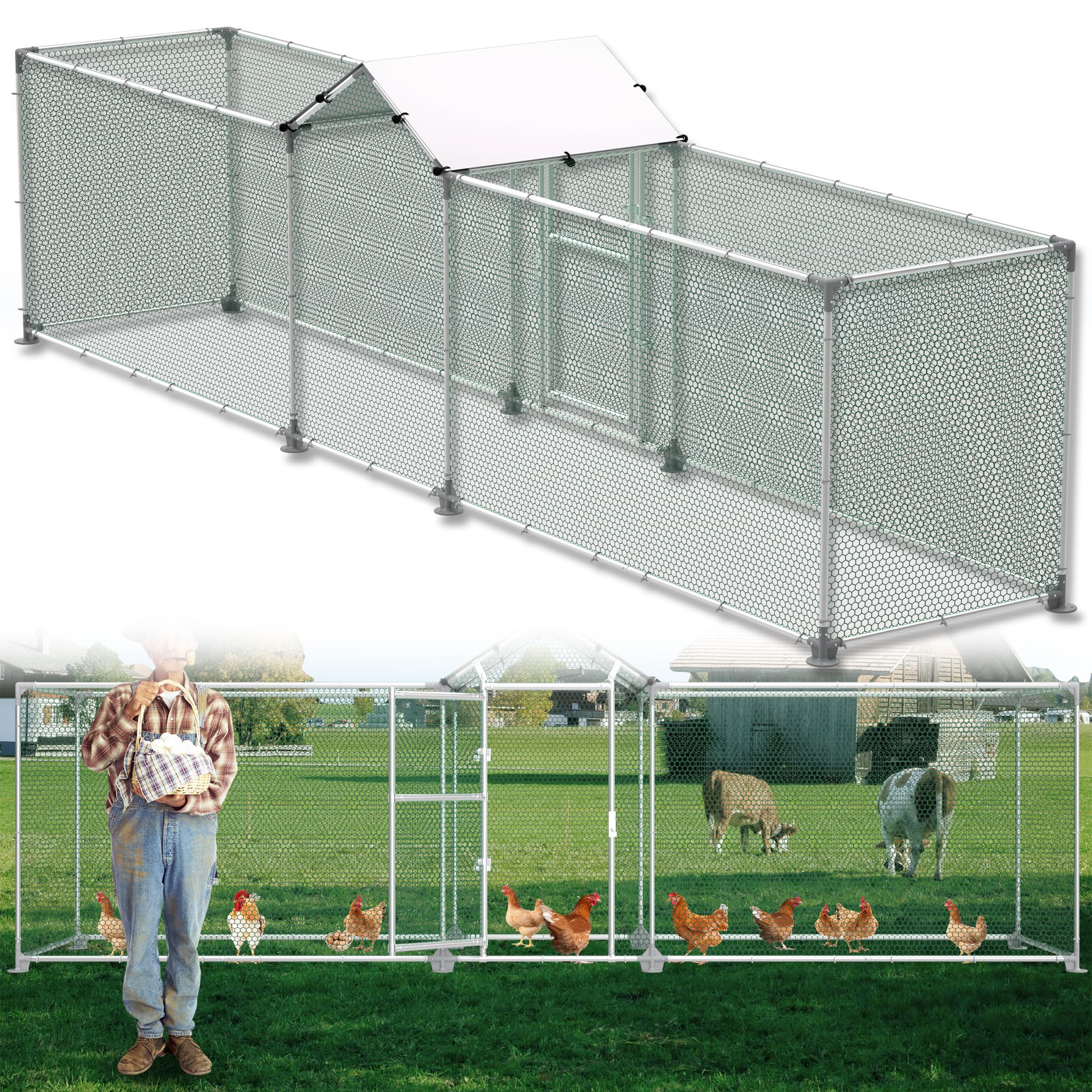 YRHome Wybieg dla kurników 5 x 1 x 1,5 m, wybieg dla kur, woliera, kury, kury, kury, ocynkowana, stalowa rama z PE