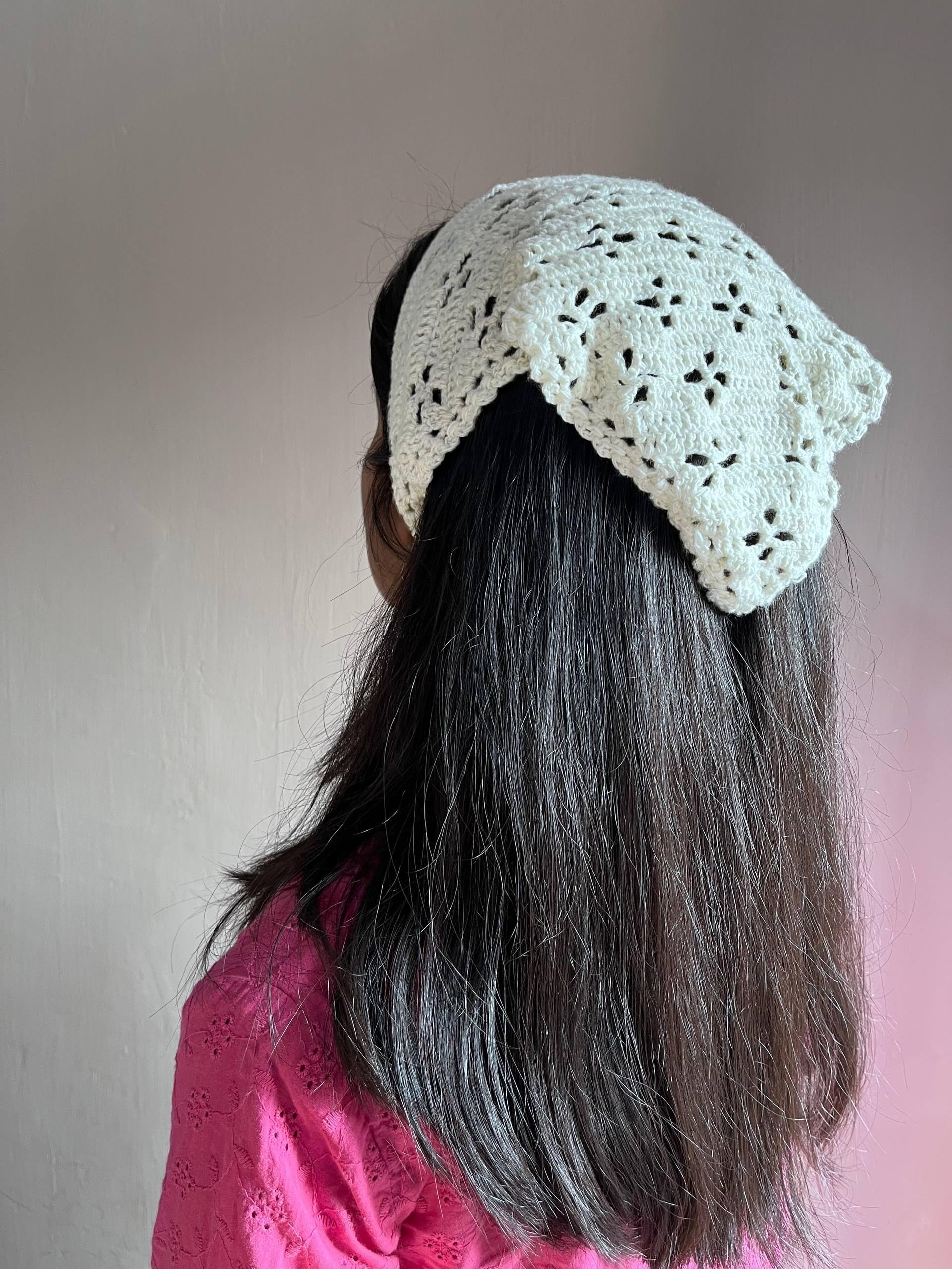 Boho White Crochet Hair Band Scarf Bandana for Women & Girls | Trendy Pinterest Aesthetic Headband | Handmade Fashion Hair Accessory-image-47
