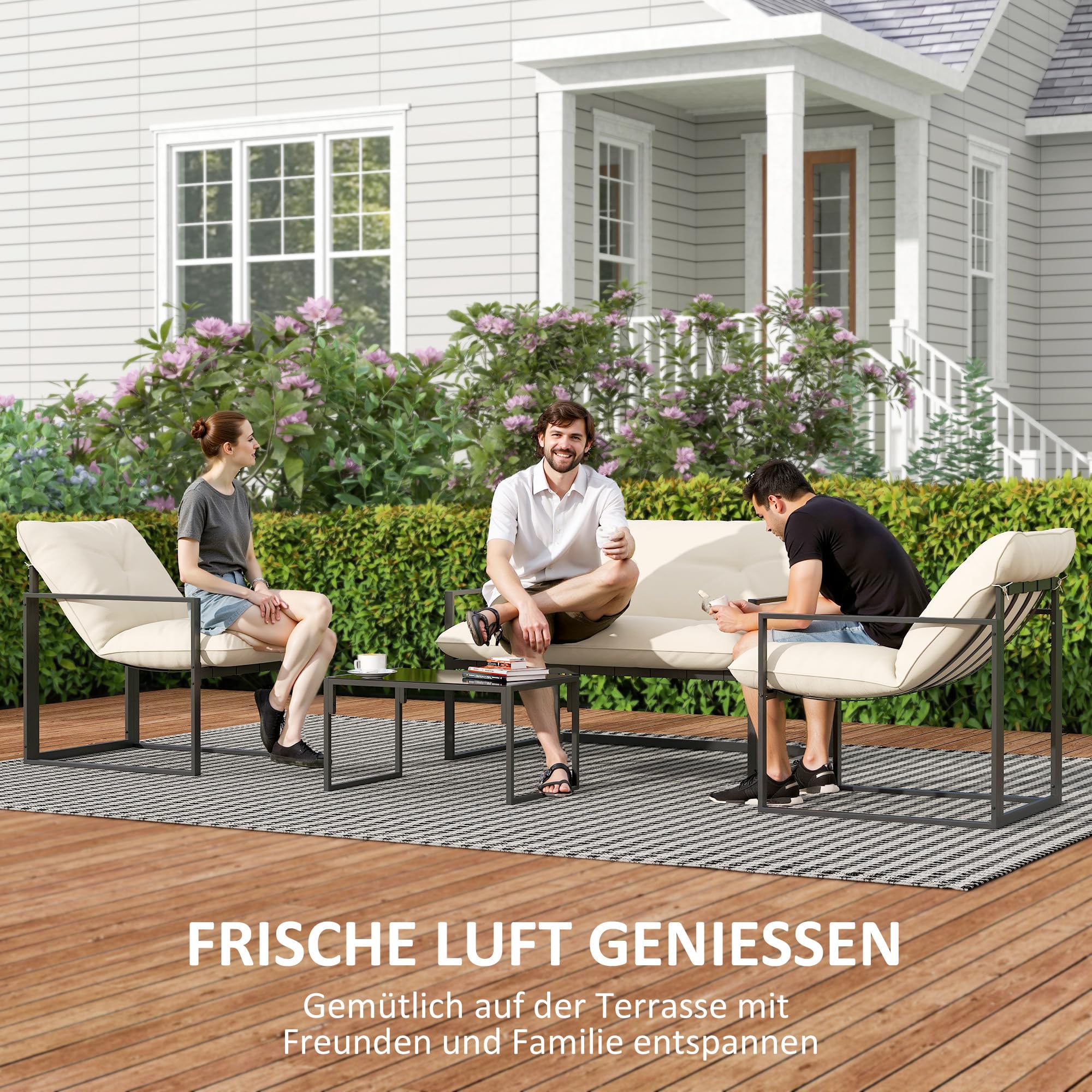 Outsunny Gartenmöbel Set Stahl Wetterfest Balkonmöbel-Set Grau+Beige | 4 Personen, 2er Sofa, Sessel, Glastisch, Sitzkissen, Outdoor Sitzgruppe, Terrassenmöbel, Gartengarnitur