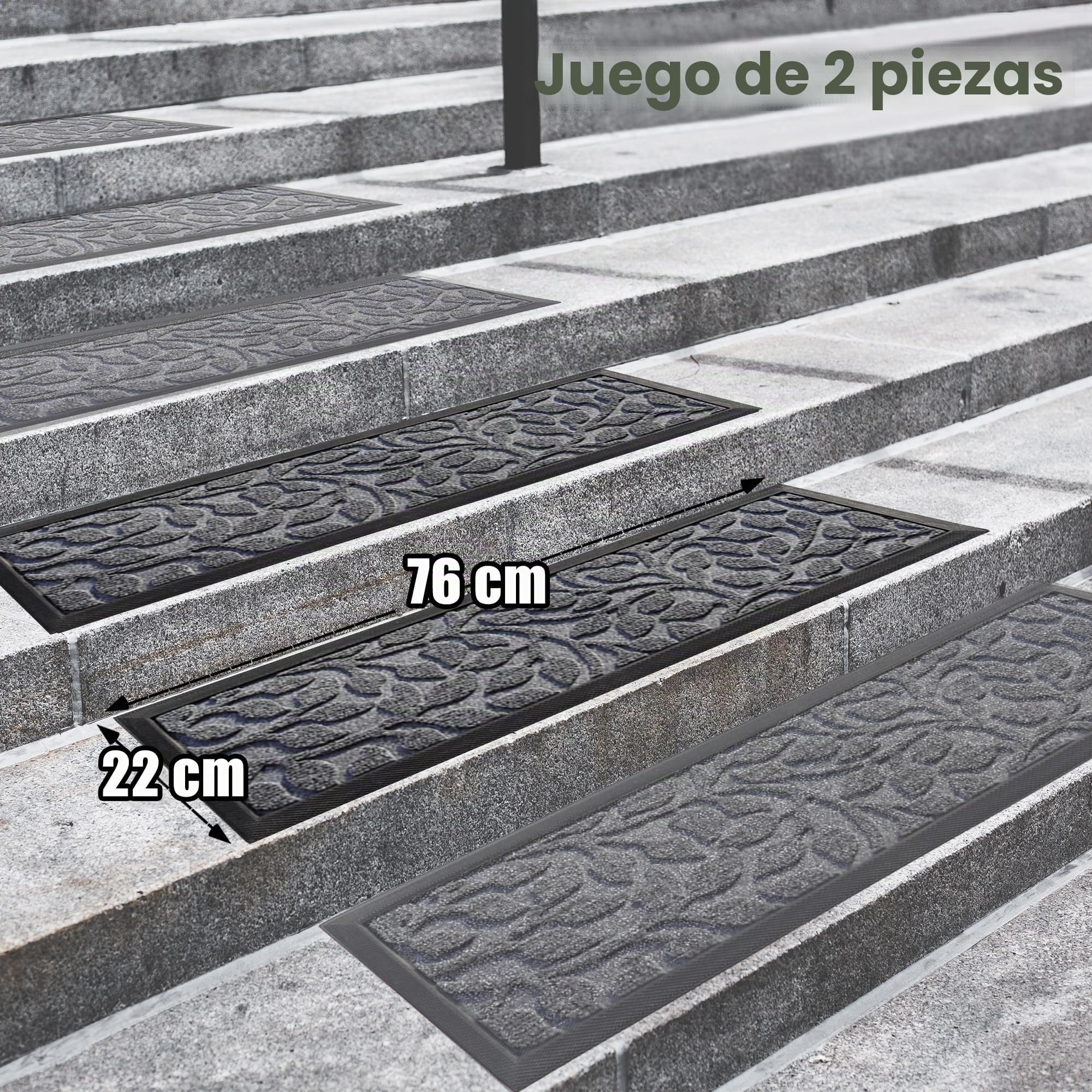 Aucuda Juego de 2 alfombrillas para escalones exteriores de goma, 76 x 22 cm, resistentes a la intemperie y antideslizantes, antideslizantes, para exteriores, para verano, antideslizantes, color gris.