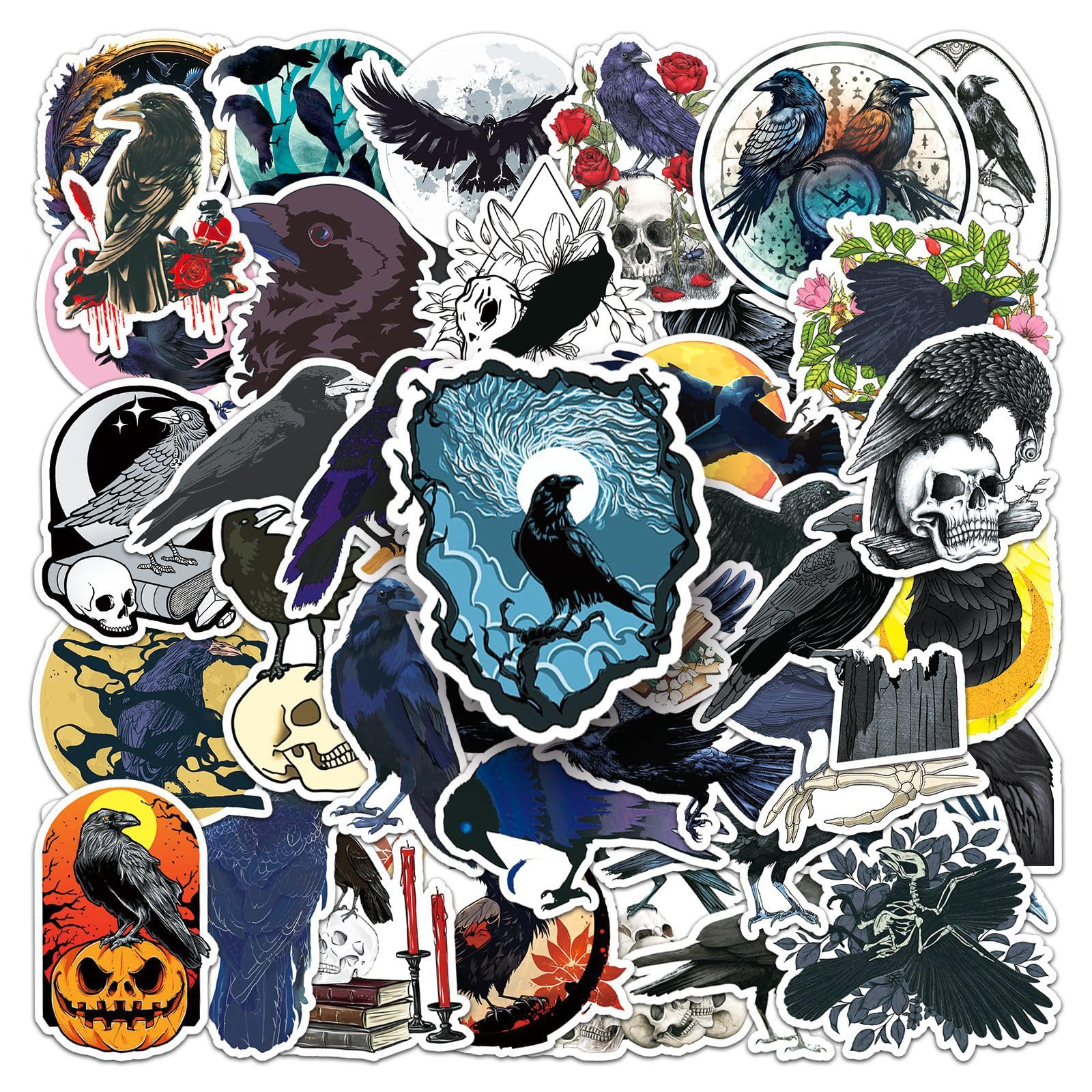 Crow Stickers 50 PCS Vinyl Horror Birds Stickers for Skateboard Laptop Water Bottle Luggage Helmet Phone Computer Guitar Car,Waterproof Cartoon Animals Sticker for Teens Adults Kids