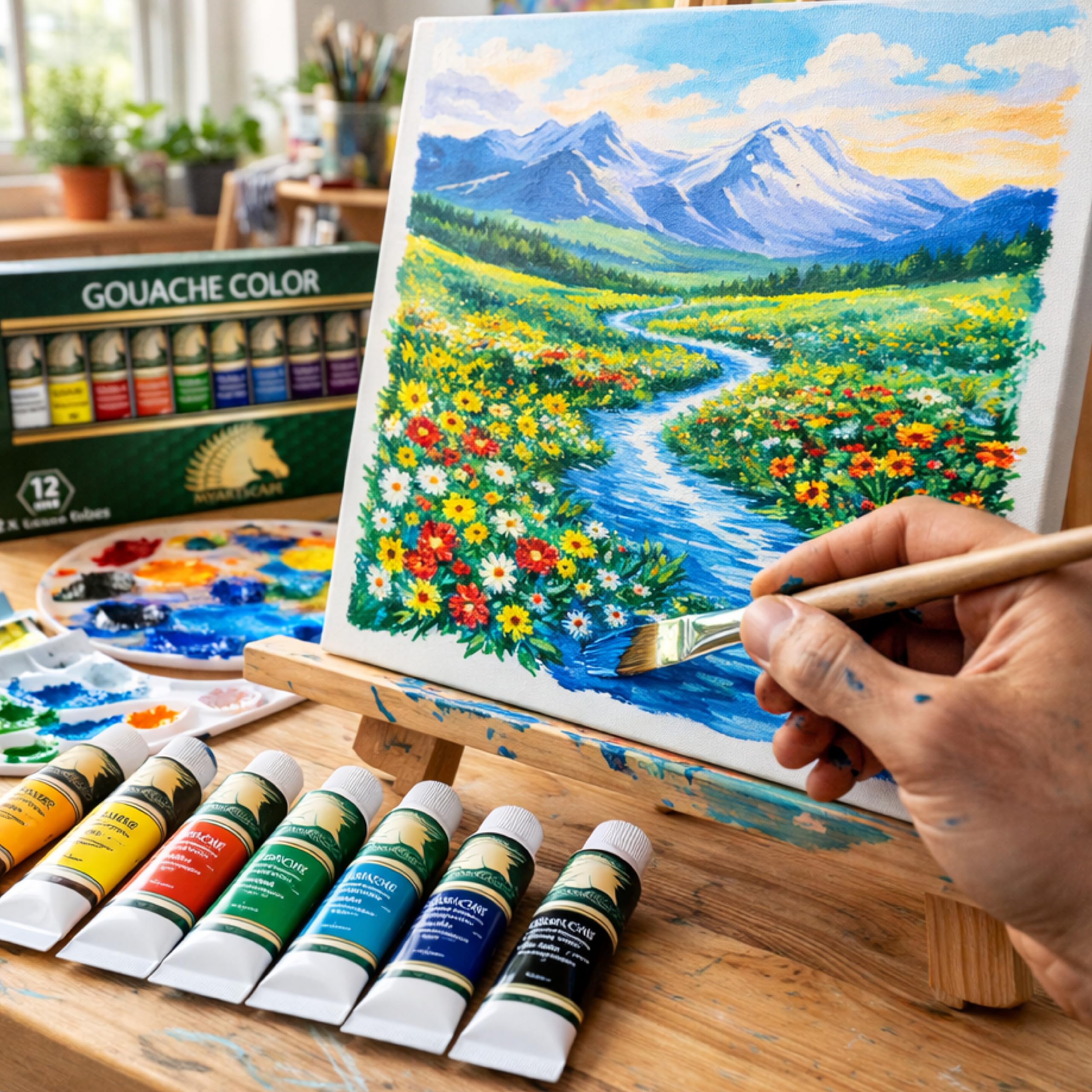 Gouache – 12 x 12 ml tubes – Couleurs pro pour papier aquarelle, Illustration Board & Artboard – Noir et blanc inclus – Fournitures d'art MyArtscape, parfait pour artistes et illustrations de qualité