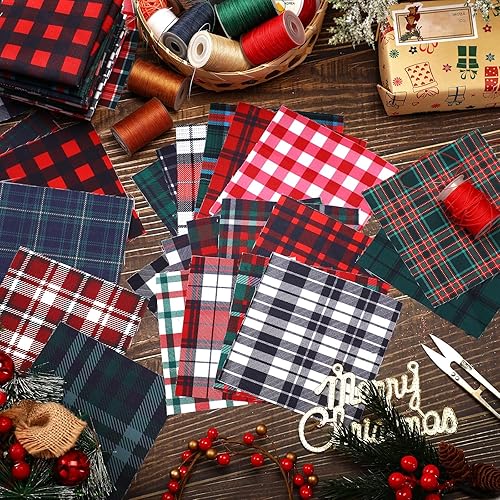 Miniatura 7 de 100 piezas de tela escocesa de Navidad de 5 x 5 pulgadas, 25 estilos de tela cuadriculada, cuadrados, tela de poliéster, recortes de tela de