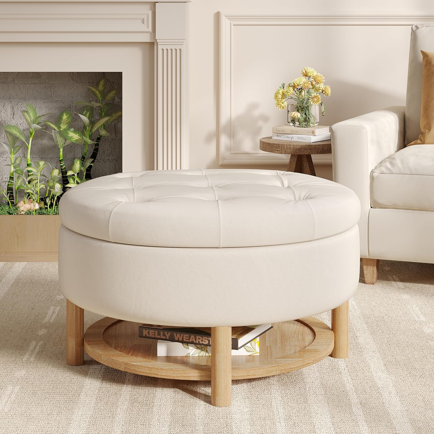 Vabches 31 Inch Round Storage Ottoman, Upholstered Velvet Tufted Foot Rest with Lift-Off Lid, Coffee Table with Commodity Shelf for Living Room, Beige