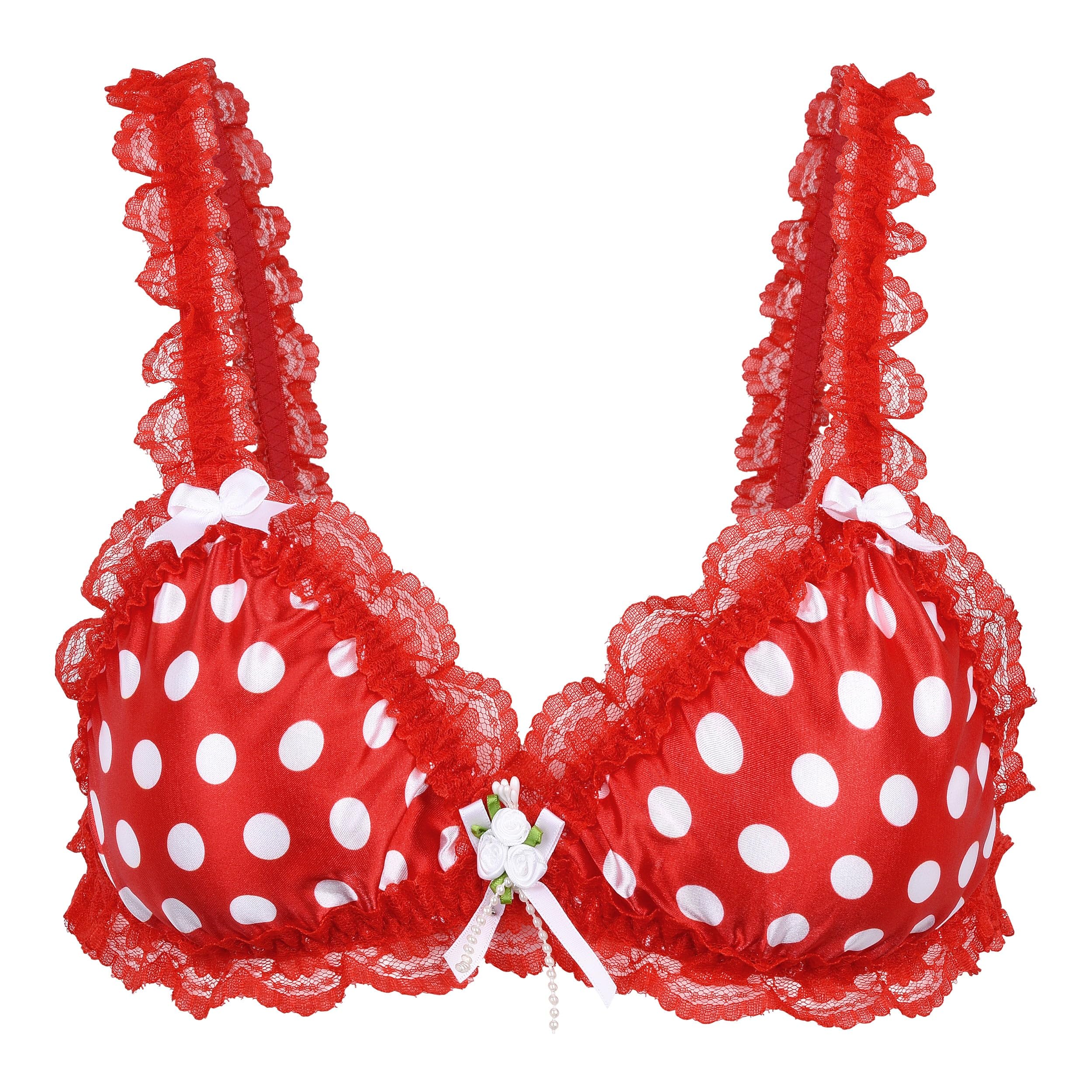 Satini Women's Red - Polka Dots Sissy Frilly Lace Fitted Satin Bralette (, Xl)