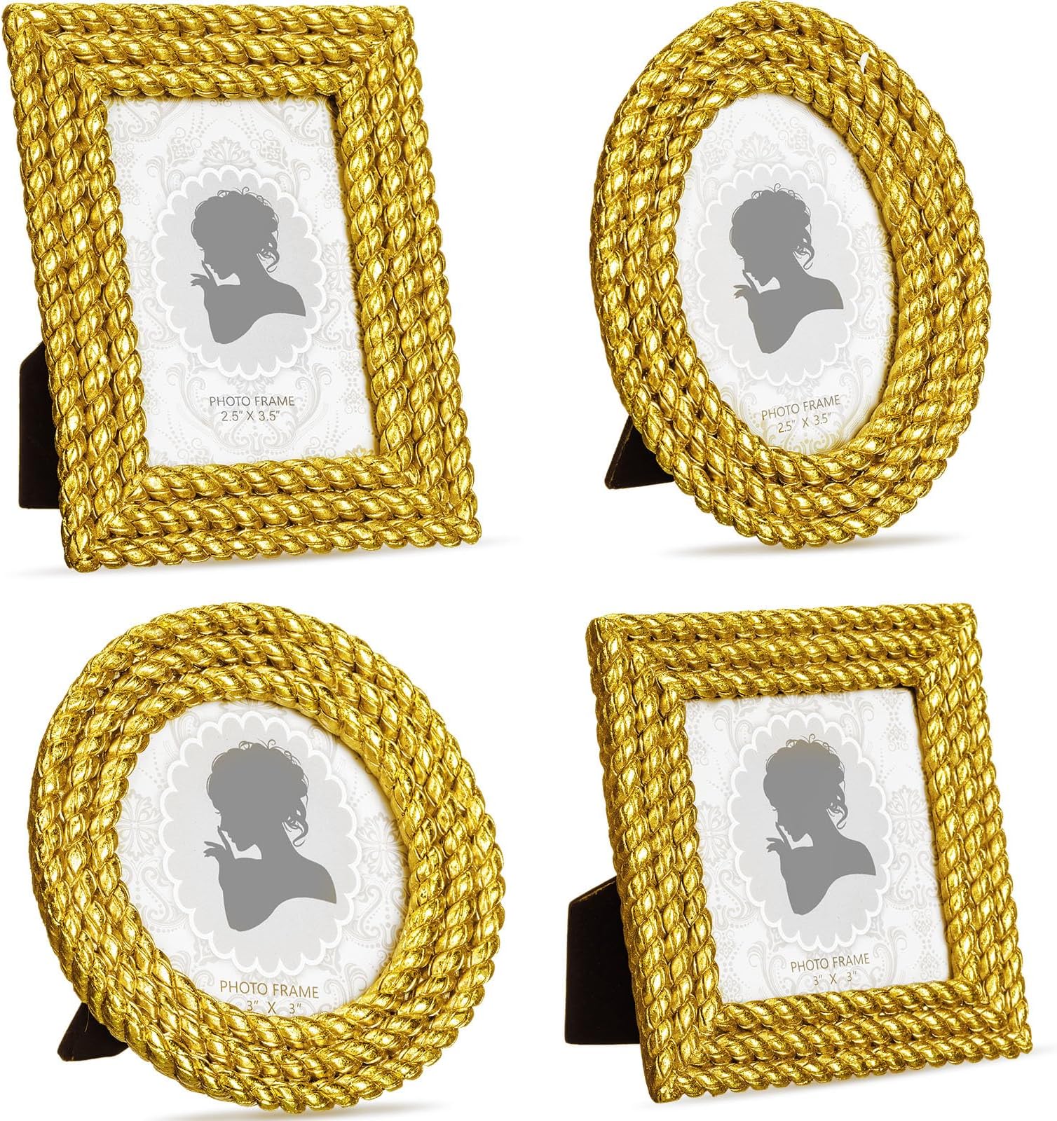4 Pcs Small Gold Picture Frames Vintage Mini Photo Frames Oval Baroque Antique Ornate Decor Rectangle for Gallery Hotel Wall Jewelry Photo Tabletop Display, 2.5x3.5 Inch, 3x3 Inch(Rope)