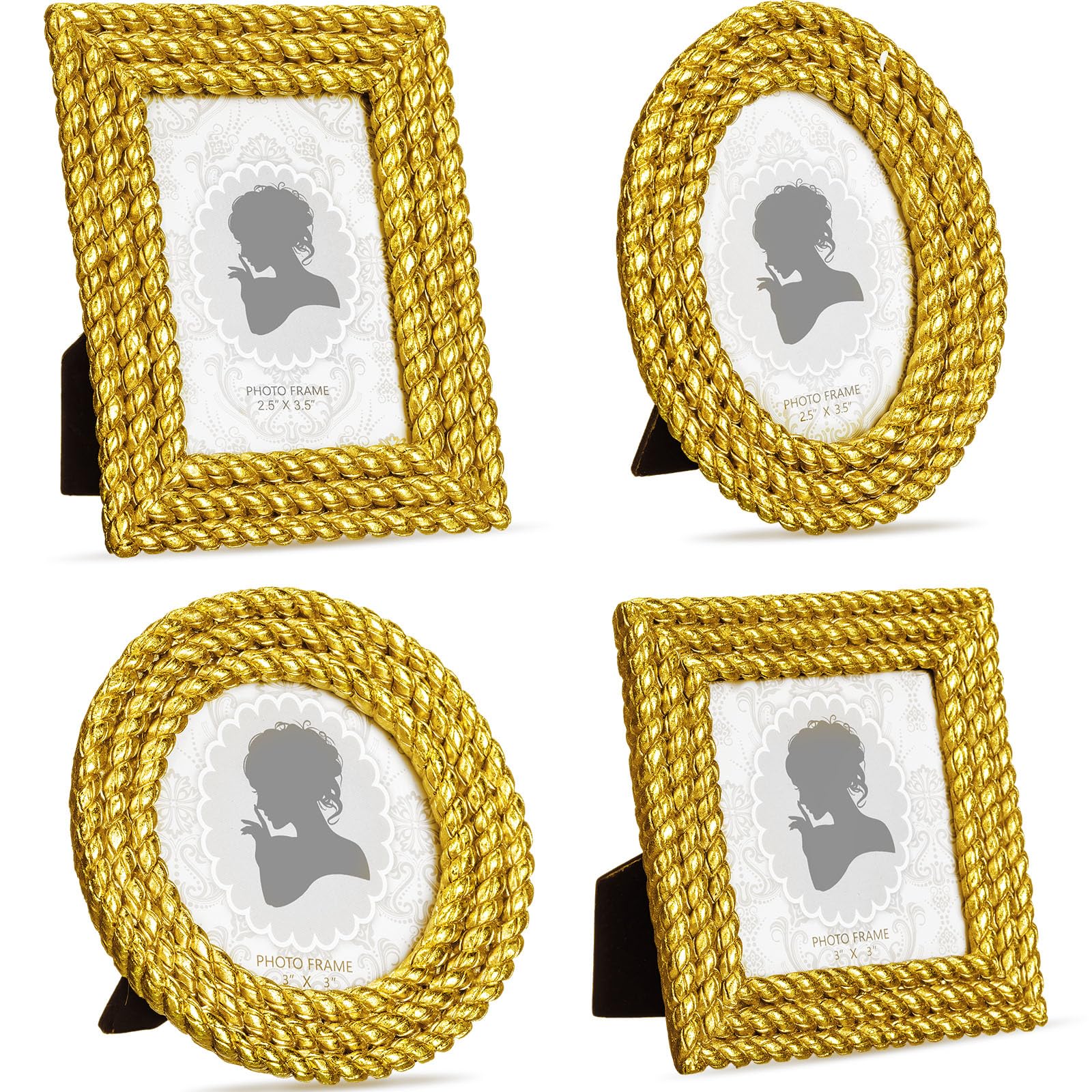 4 Pcs Small Gold Picture Frames Vintage Mini Photo Frames Oval Baroque Antique Ornate Decor Rectangle for Gallery Hotel Wall Jewelry Photo Tabletop Display, 2.5x3.5 Inch, 3x3 Inch(Rope)