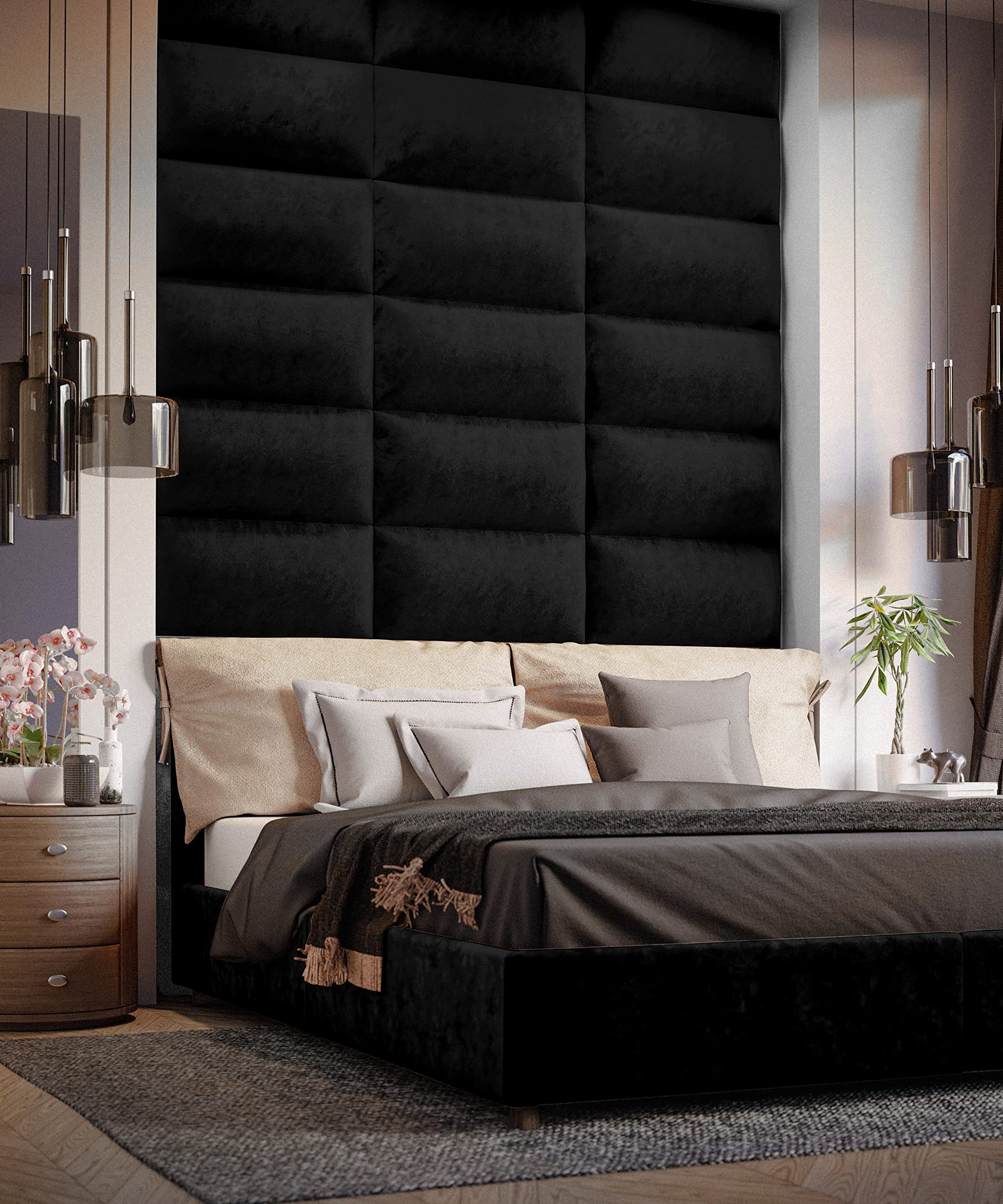 Muralo Fluwelen wandkussen, stoffen bekleed paneel, slaapkamer, woonkamer, bed, wandkussen, bedhoofdeinde, lendenkussen, modern, luxe, zwart, 90 x 30 cm