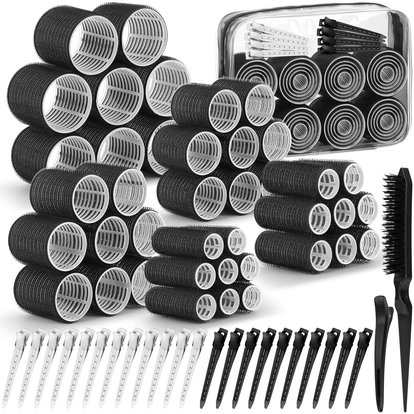 Qinzave Rizadores de pelo con clips, rodillos grandes con 5 tamaños, rodillo de pelo autoagarre para volumen largo, medio, corto, grueso, fino