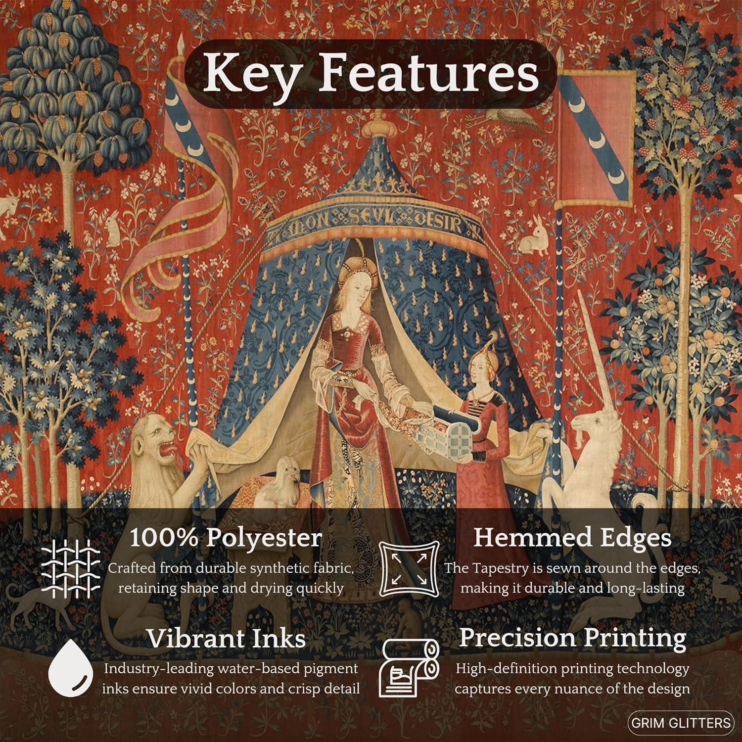 Unicorn Tapestry - The Lady and the Unicorn (Desire) - Medieval Art Reproduction - Magical Home Decor - Fantasy Wall Art