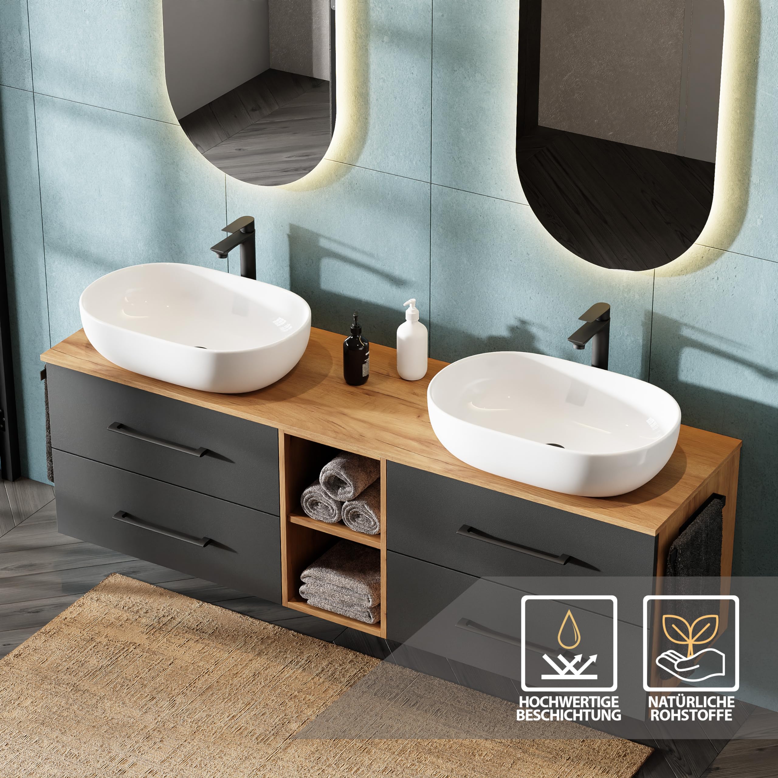Planetmöbel Lux Set di mobili da bagno con lavabo sospeso da 170 cm e 2 lavabi da appoggio da 60 cm di colore bianco, mobili in rovere dorato/antracite