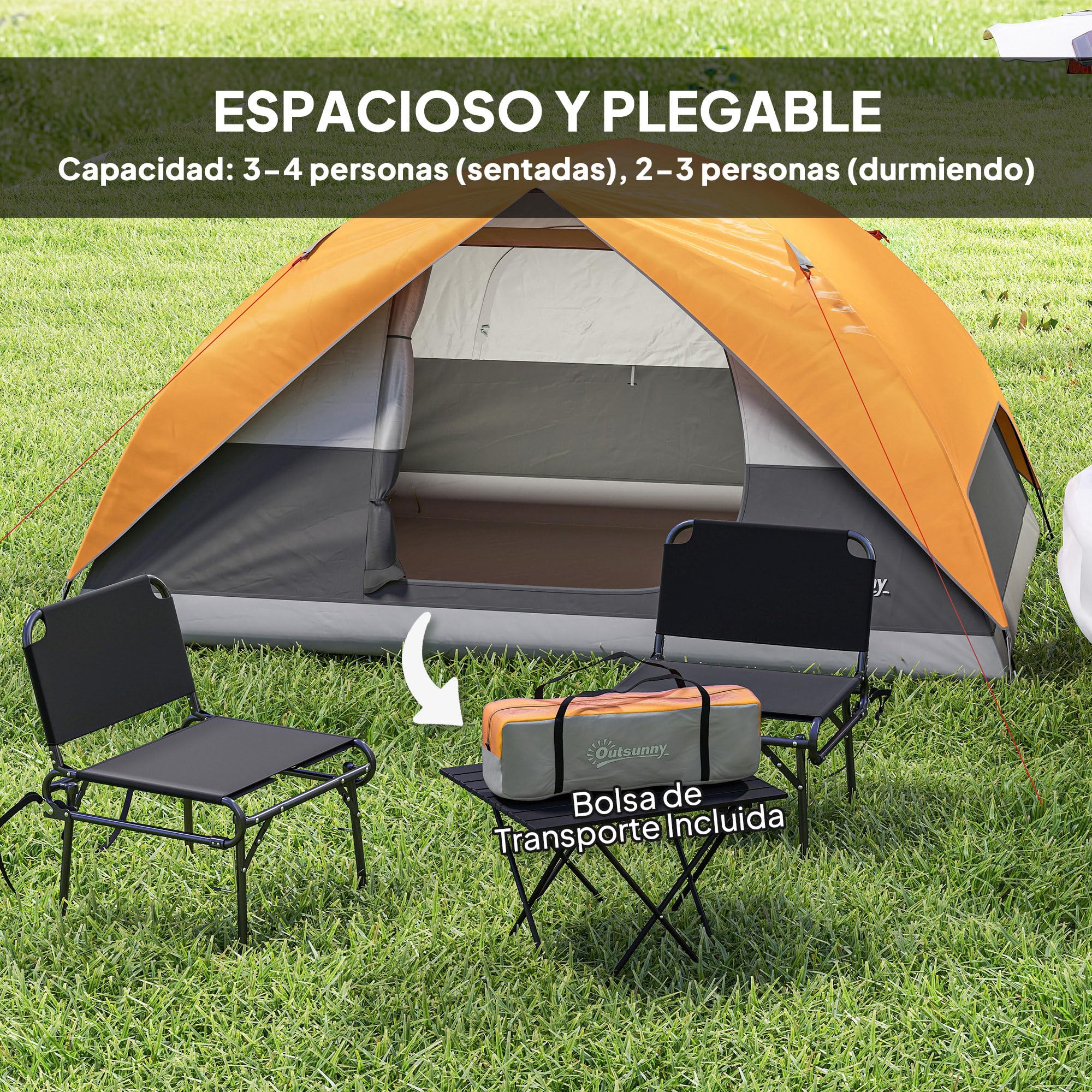 Outsunny Tienda de Campaña para 2-4 Personas Tienda de Camping Plegable con Ventana de Malla Puerta Gancho Bolsillos y Bolsa Resistente al Agua Fácil de Instalar para Senderismo Naranja y Gris
