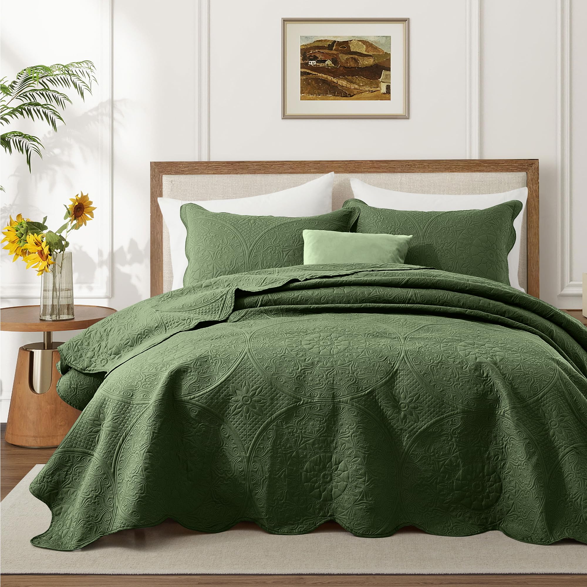 King Quilt Set Bedspread Coverlet Bedding Floral Olive Green 106"x96"