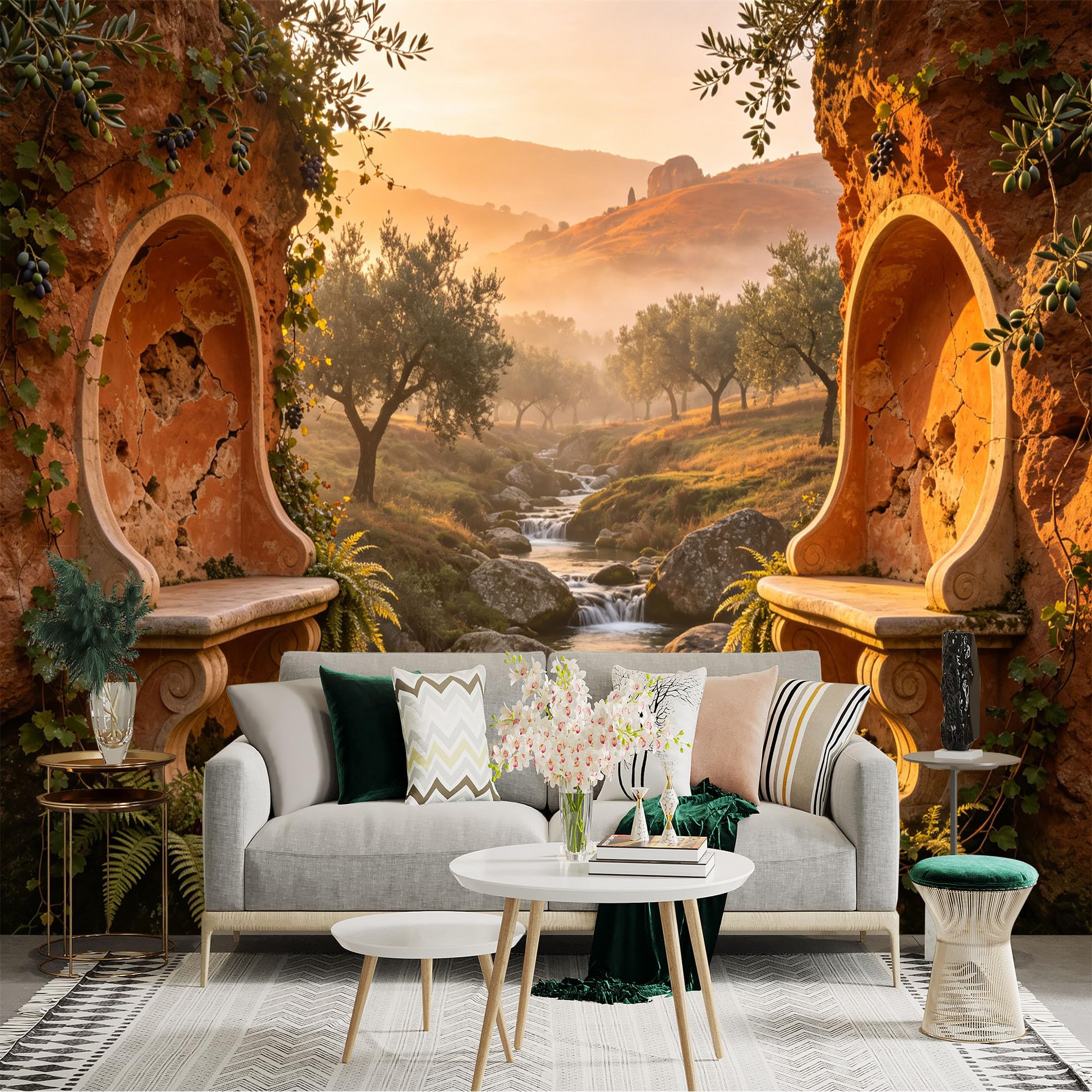 Custom Size Wall Sticker Mural， Sunset Valley with Stone Benches， Stream and Olive Trees， for wall Decoration， peelandstick wall Decals.