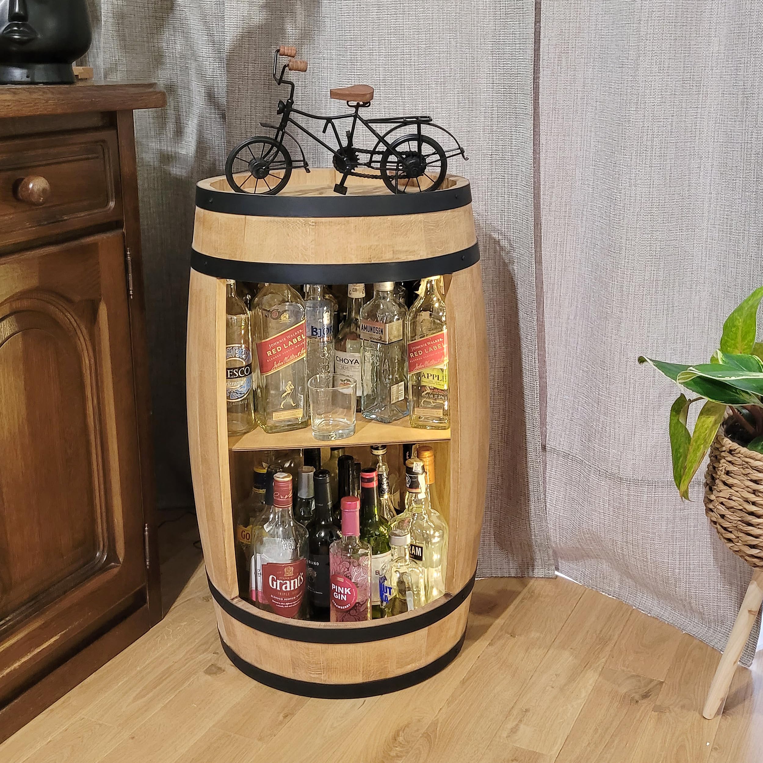 weeco Tonneau en Bois avec éclairage LED - Commode de Maison gin Whisky - bière - Casier à Vin - Meuble Rangement Bouteille Alcool Tonneau Bar - Casier à Vin - Bar de Maison