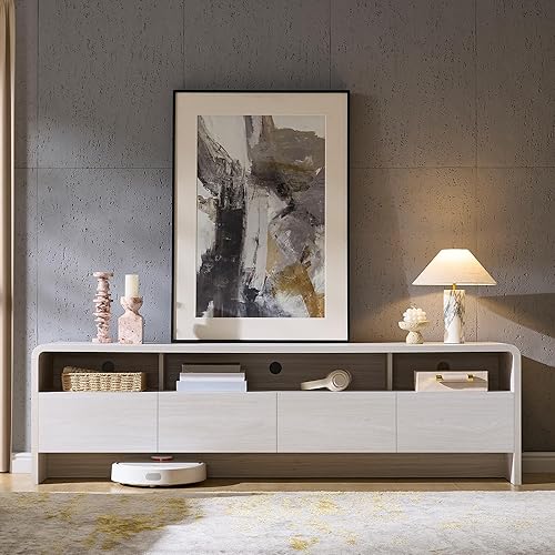 Miniatura 8 de AMERLIFE Soporte de TV moderno de 70 pulgadas para televisores de hasta 80 pulgadas, consola de TV de madera con diseño de perfil curvado y 2