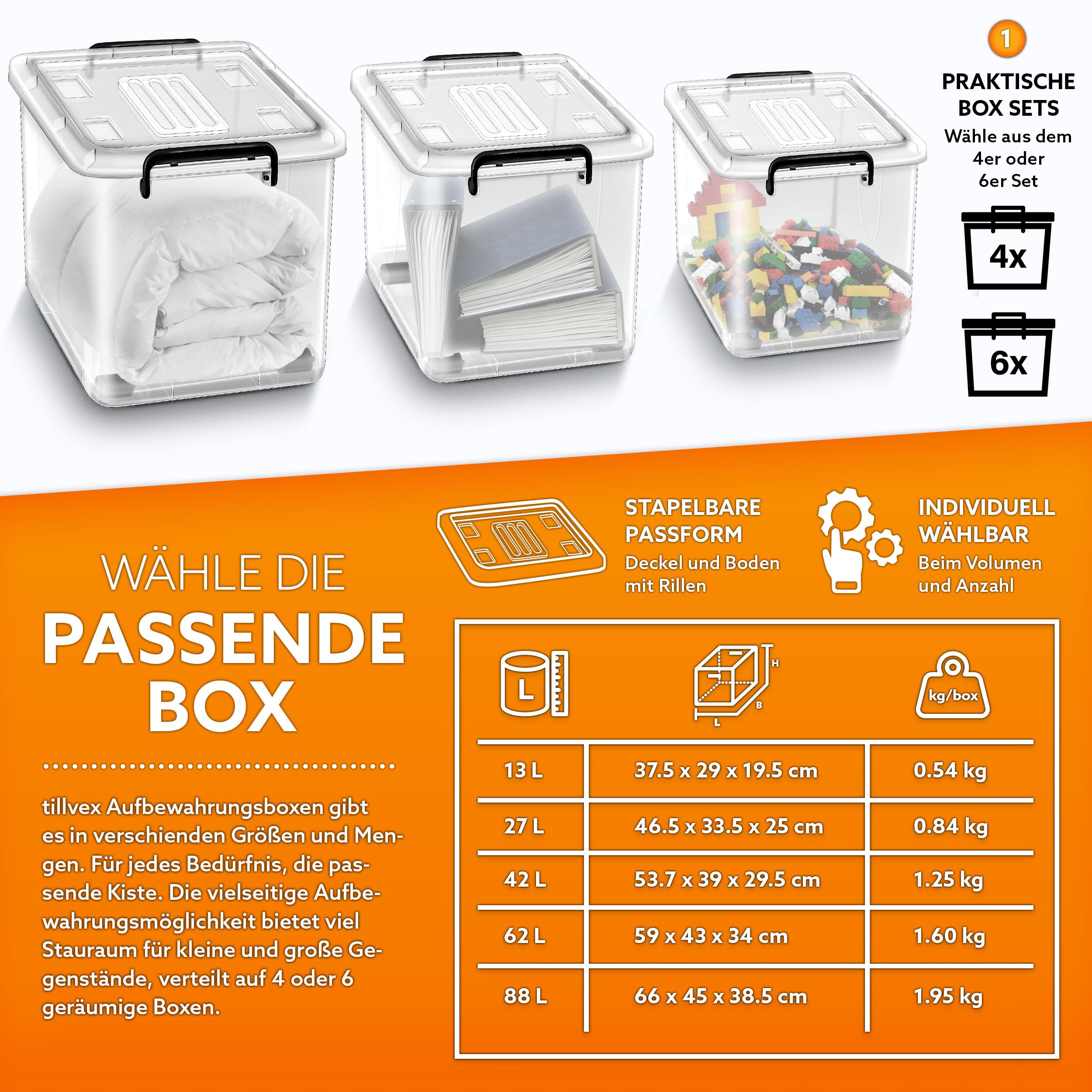tillvex® Aufbewahrungsboxen mit Deckel 6er Set - 42 Liter, lebensmittelecht | Kunststoff Boxen Set stapelbar | Aufbewahrung Ordnungssystem Box groß | Aufbewahrungsbox Kleiderboxen 100% Neumaterial