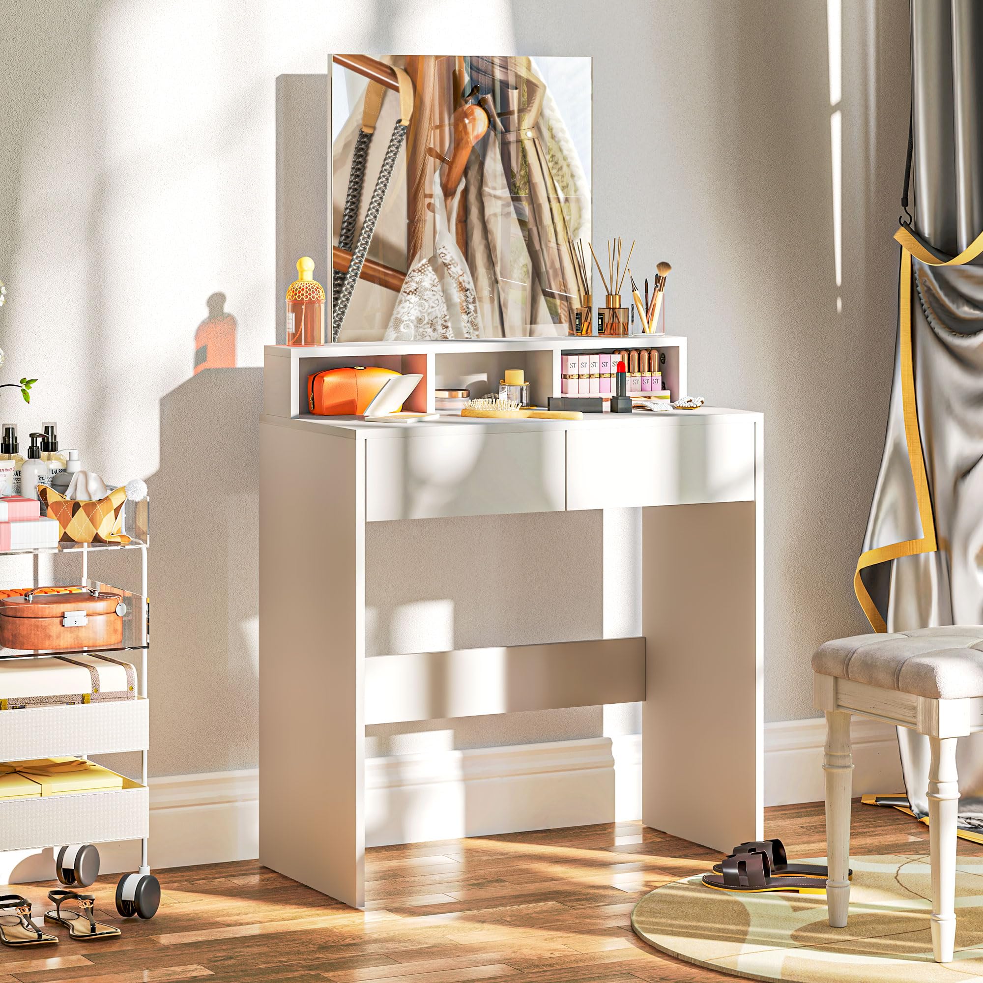 HOMCOM Tocador de Maquillaje con Espejo, 2 Cajones, 3 Compartimentos, 75x38x135 cm, Blanco
