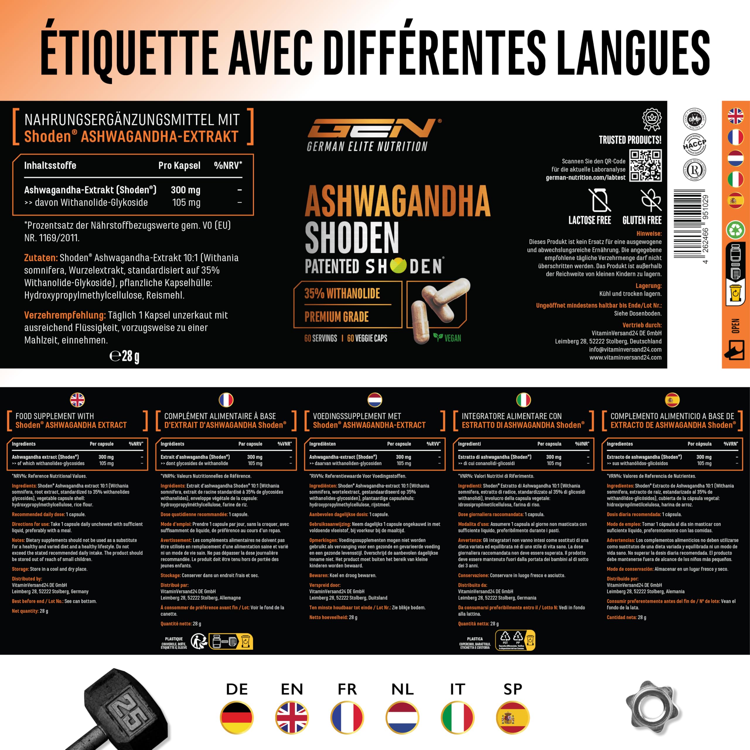 Ashwagandha Shoden® - 35% de glycosides de withanolide - Extrait breveté de racine d'ashwagandha - Haute biodisponibilité, hautement dosé, végétalien - 60 gélules