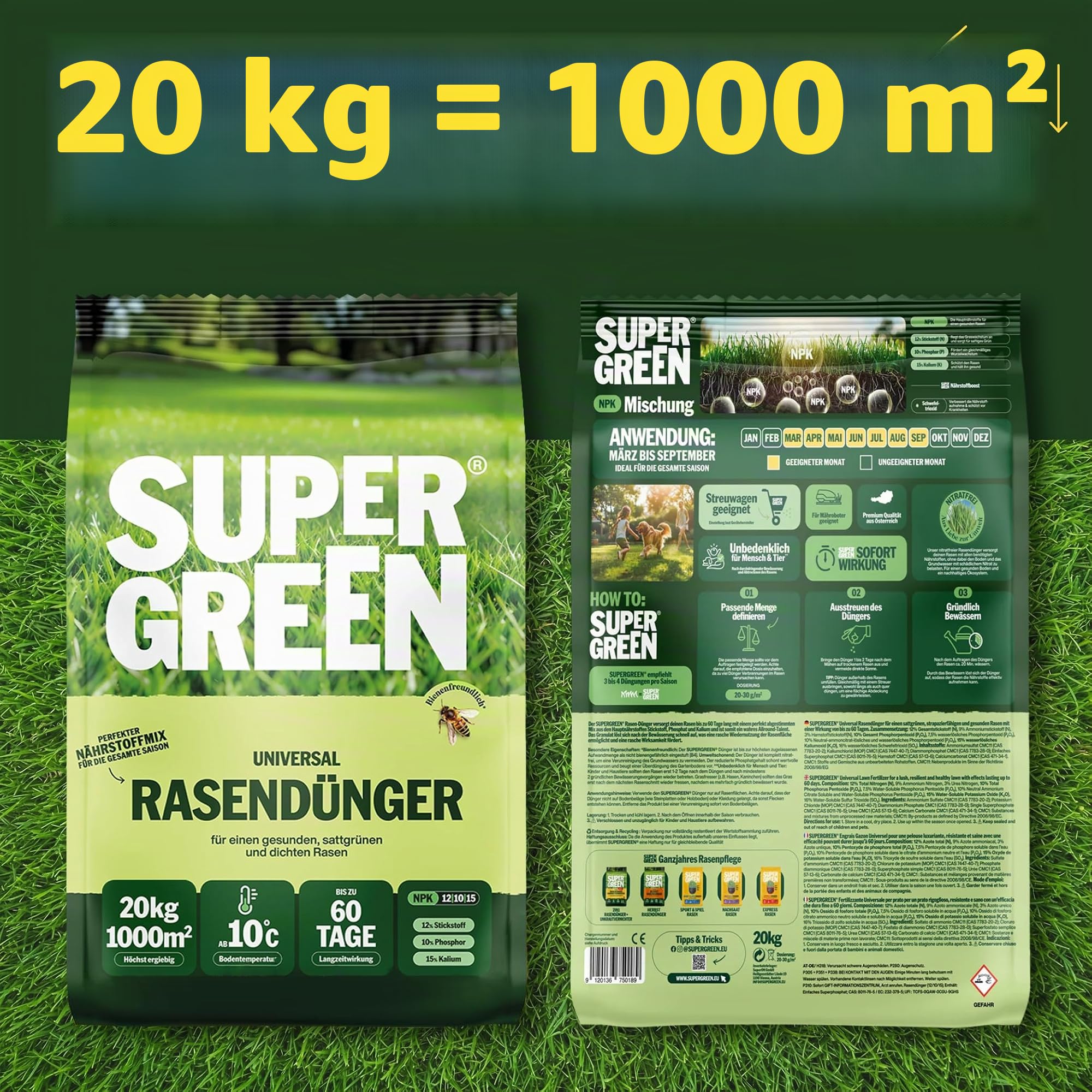 SUPERGREEN Universal-Rasendünger Langzeit bis 60 Tage | 20kg für 1000m² | NPK 12-10-15 für dichten, sattgrünen, gesunden Rasen | Nitratfrei & staubfreies Granulat (2-5 mm) | Ganzjahresdünger