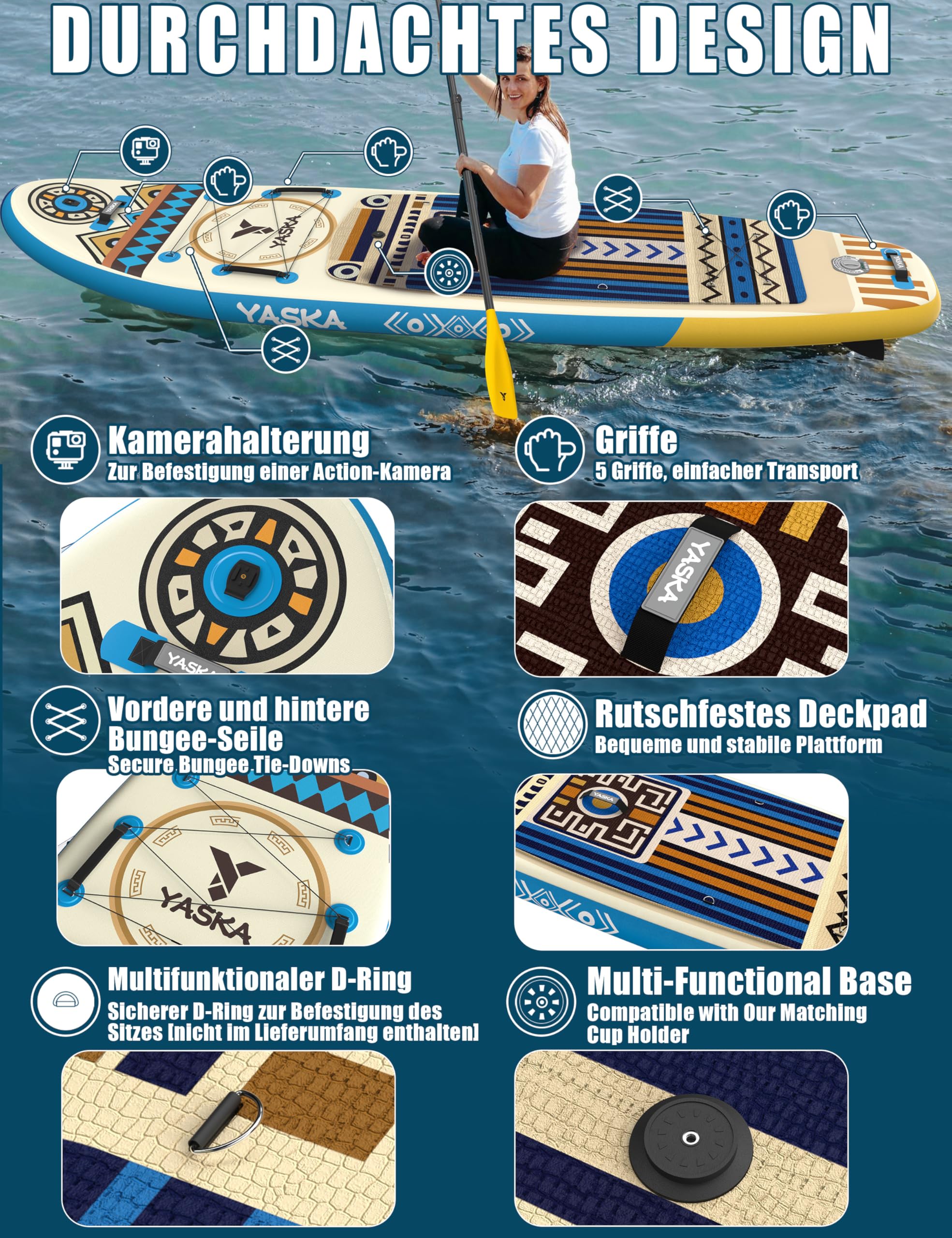 Yaska SUP Gonfiabile Adulti con Tutti gli Accessori e Portabicchiere,335cm Stand up Paddle Gonfiabile per Tutti i Livelli di Abilità,Paddle Board con Capacità di 200kg per 2 Persone